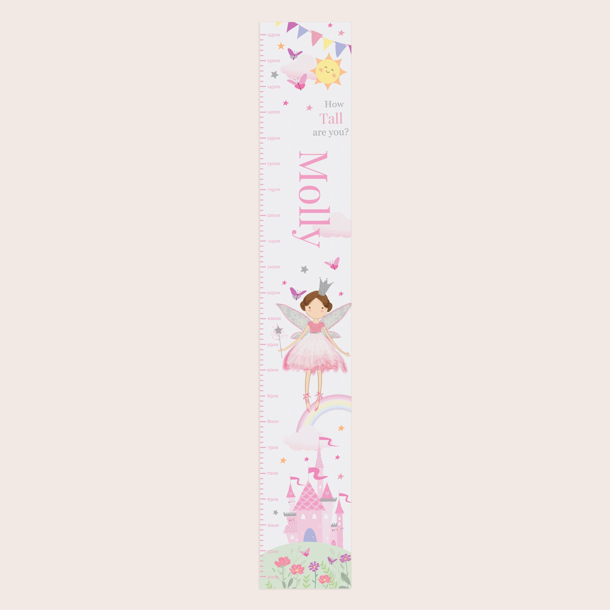 Children's growth chart with fairy design on a light pink background