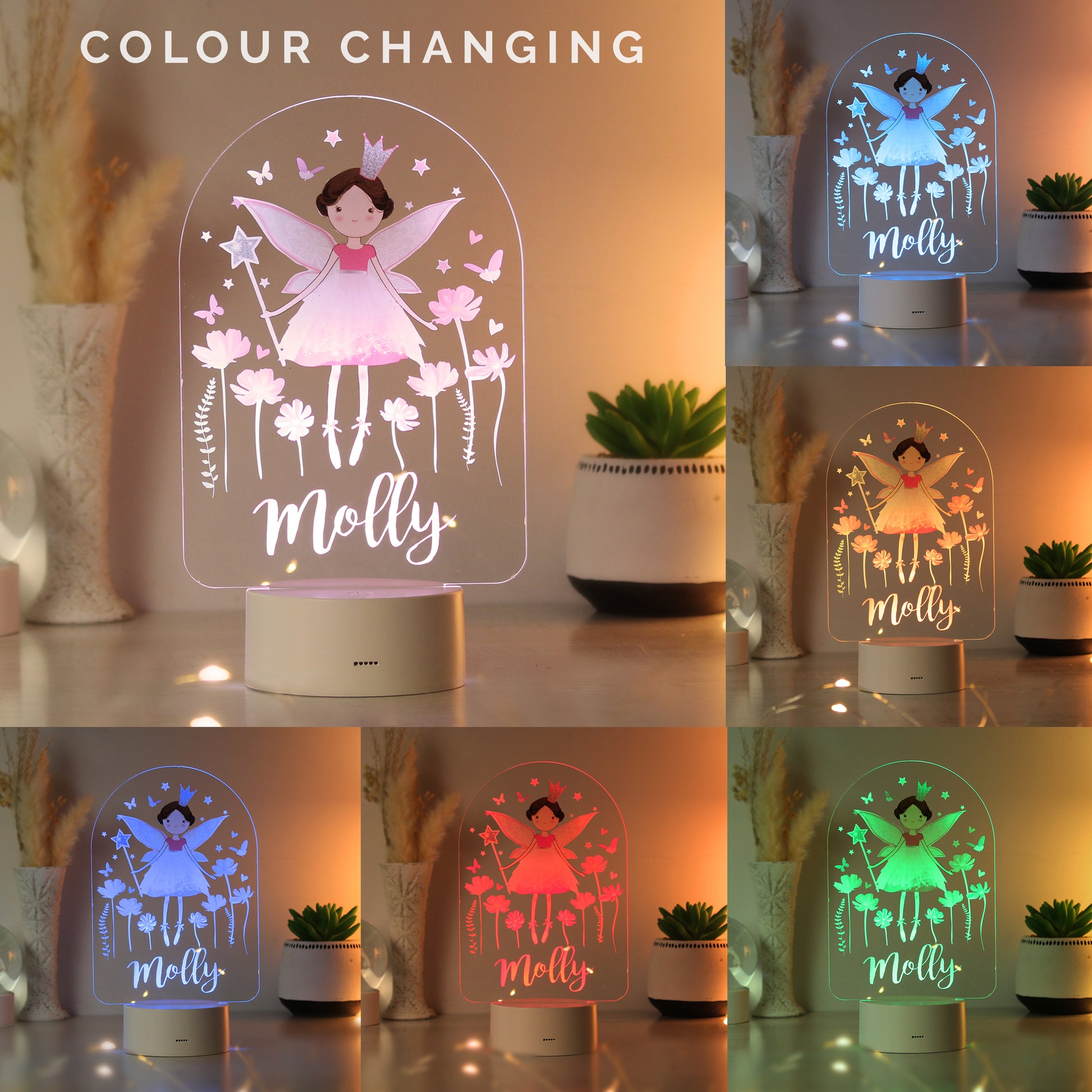 Colour-changing fairy-themed night light with 'Molly' on a white surface.