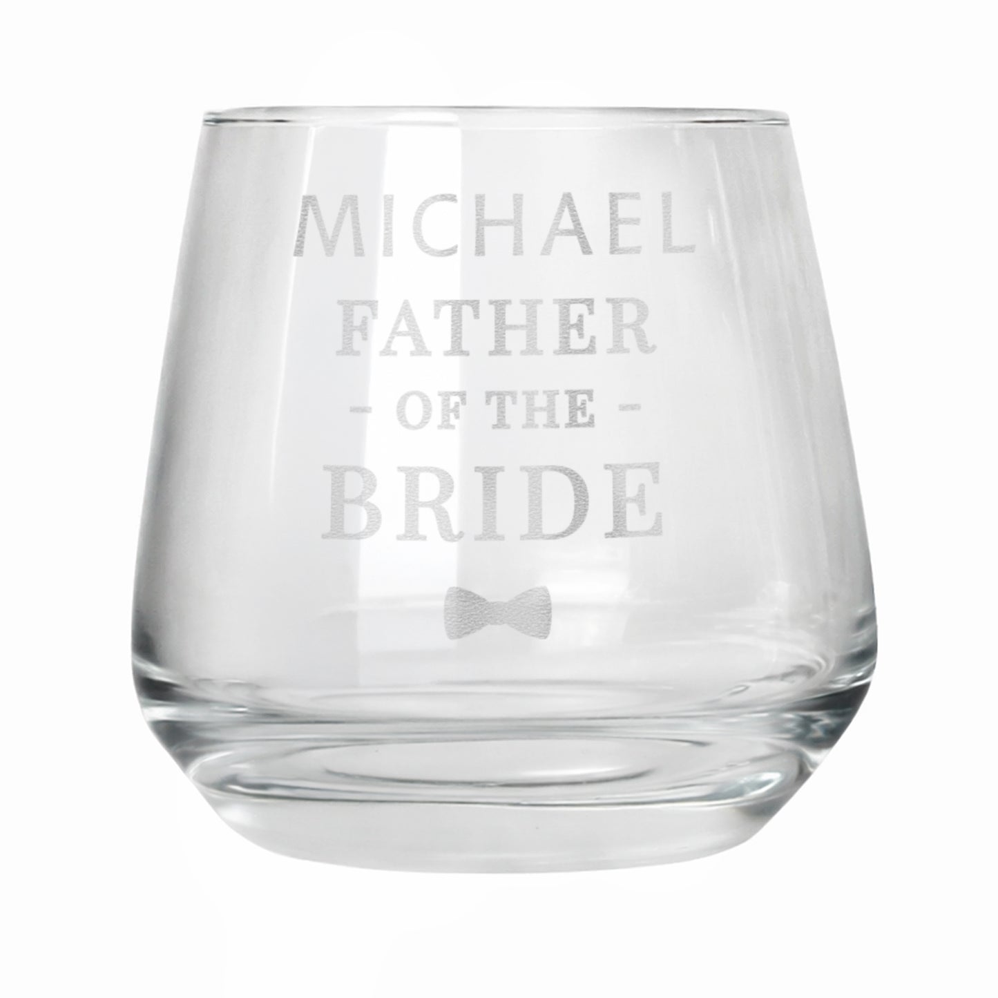 Clear glass with engraved text 'Michael Father of the Bride' on a white background