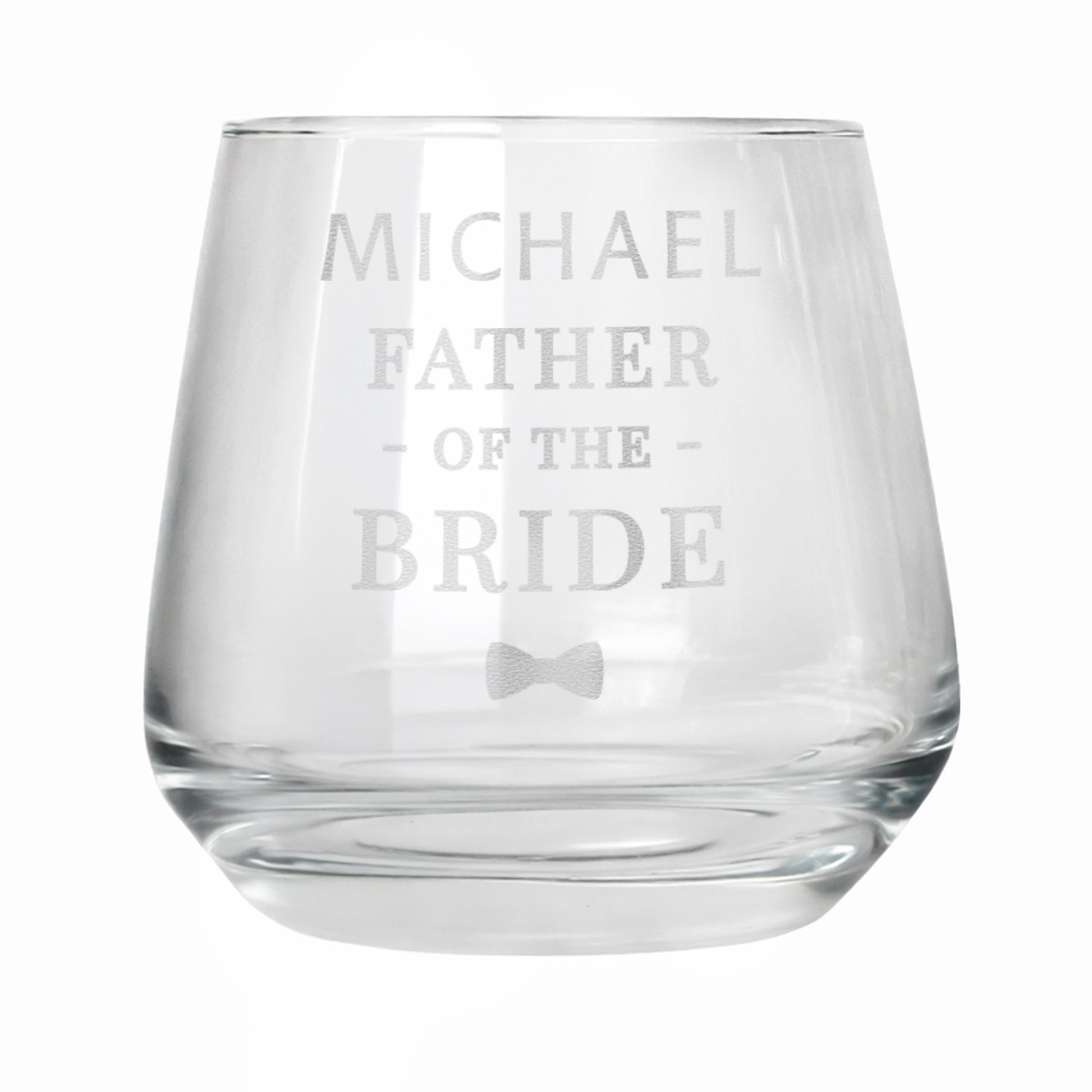 Clear glass with engraved text 'Michael Father of the Bride' on a white background