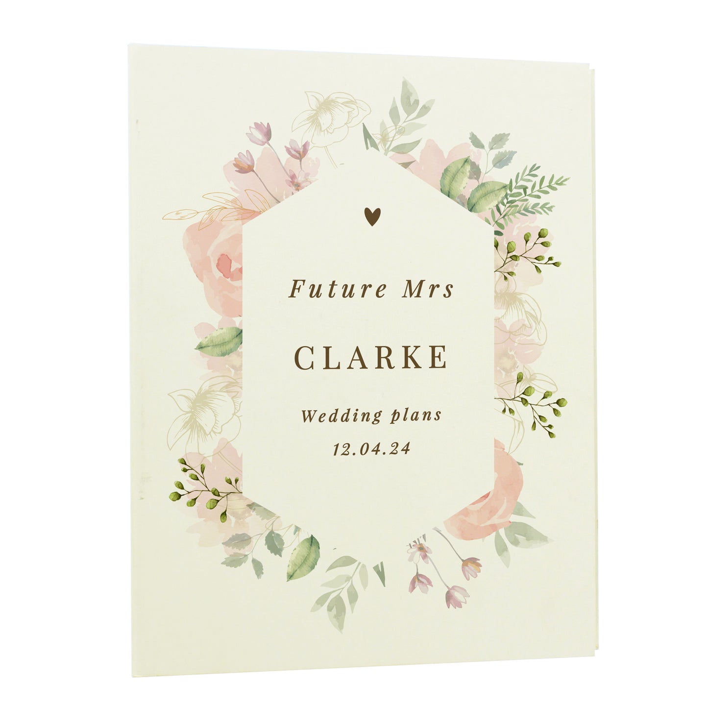 Stationery item with floral design and text 'Future Mrs Clarke Wedding plans 12.04.24' on a light background