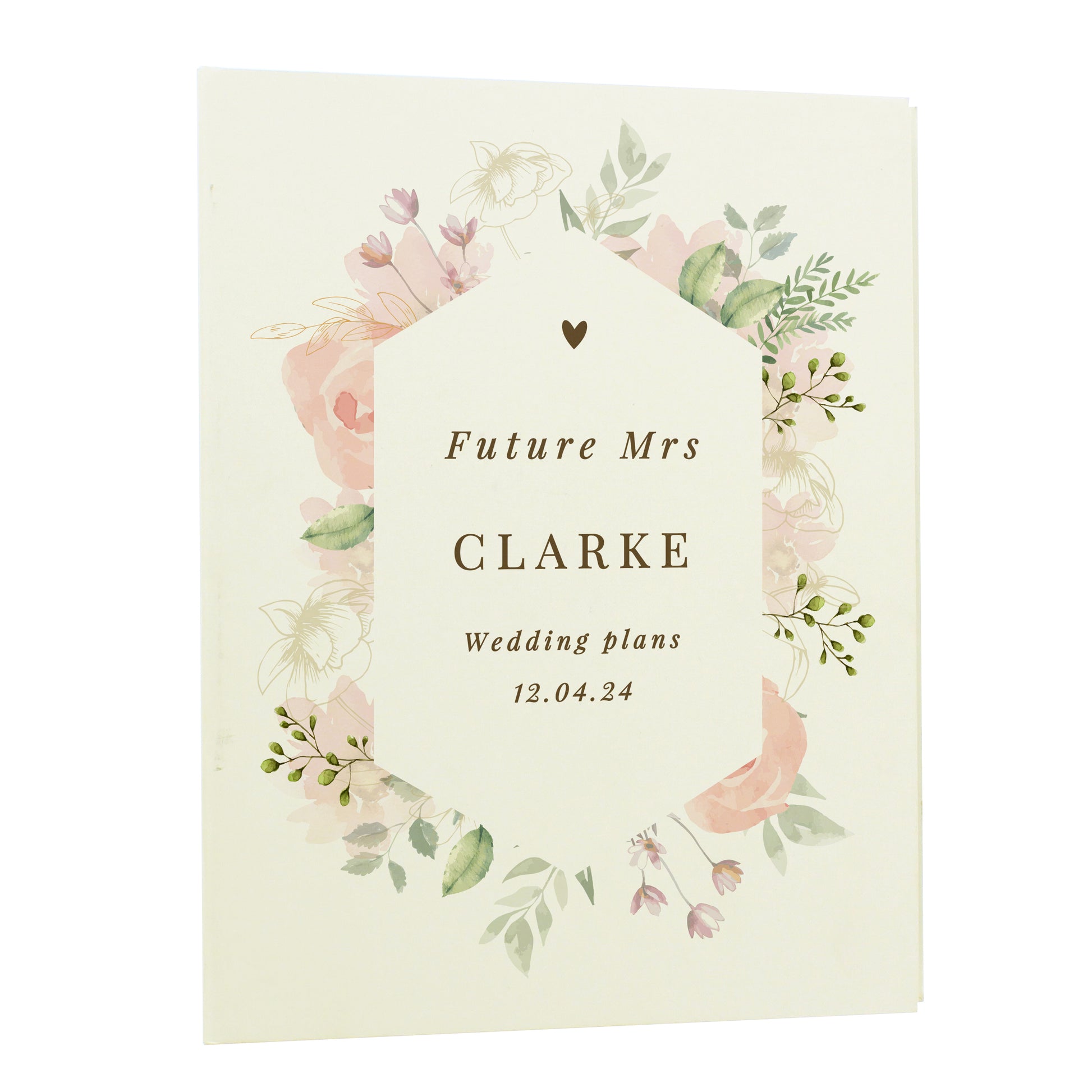 Stationery item with floral design and text 'Future Mrs Clarke Wedding plans 12.04.24' on a light background
