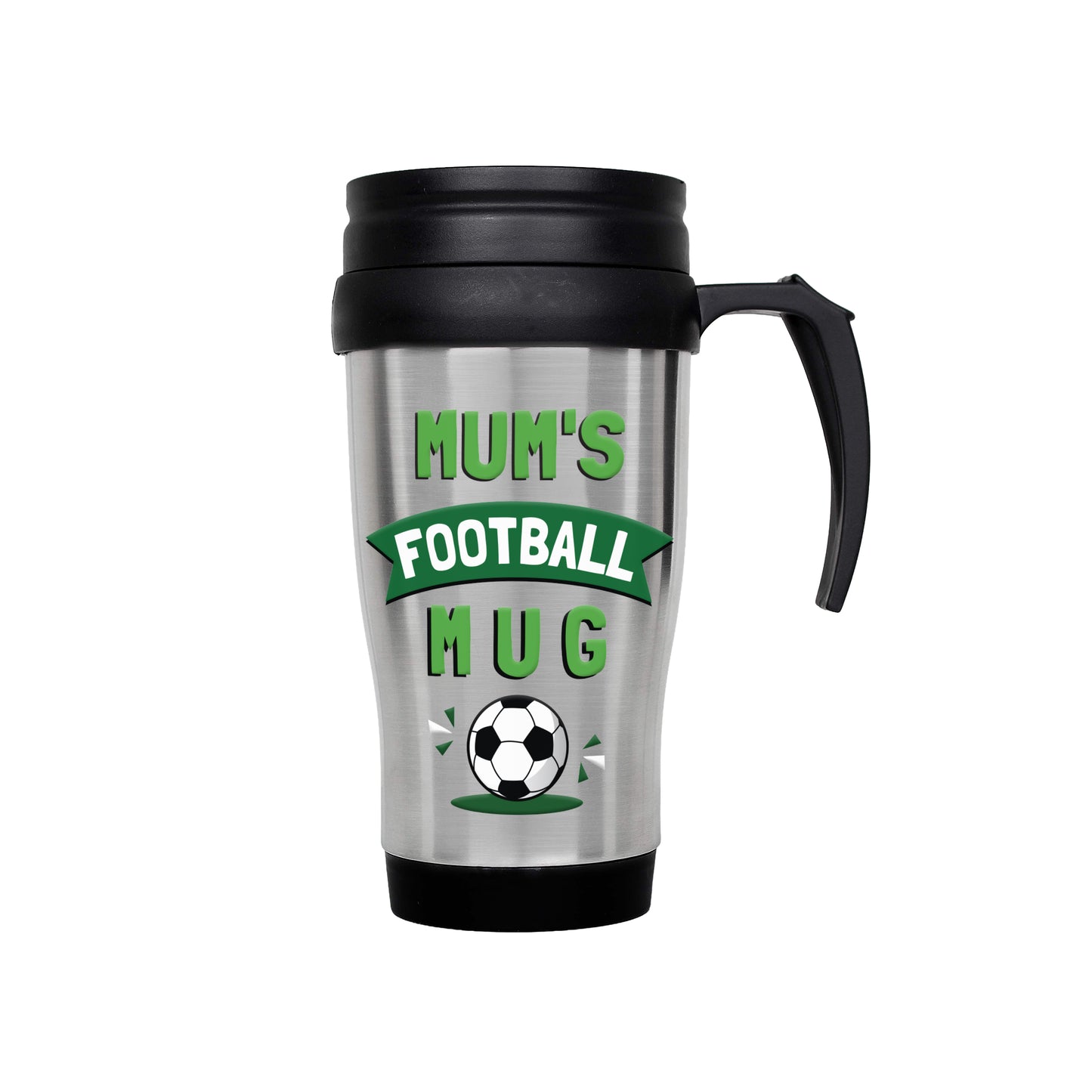 Silver travel mug with black handle and green text 'Mum's Football Mug' on a white background
