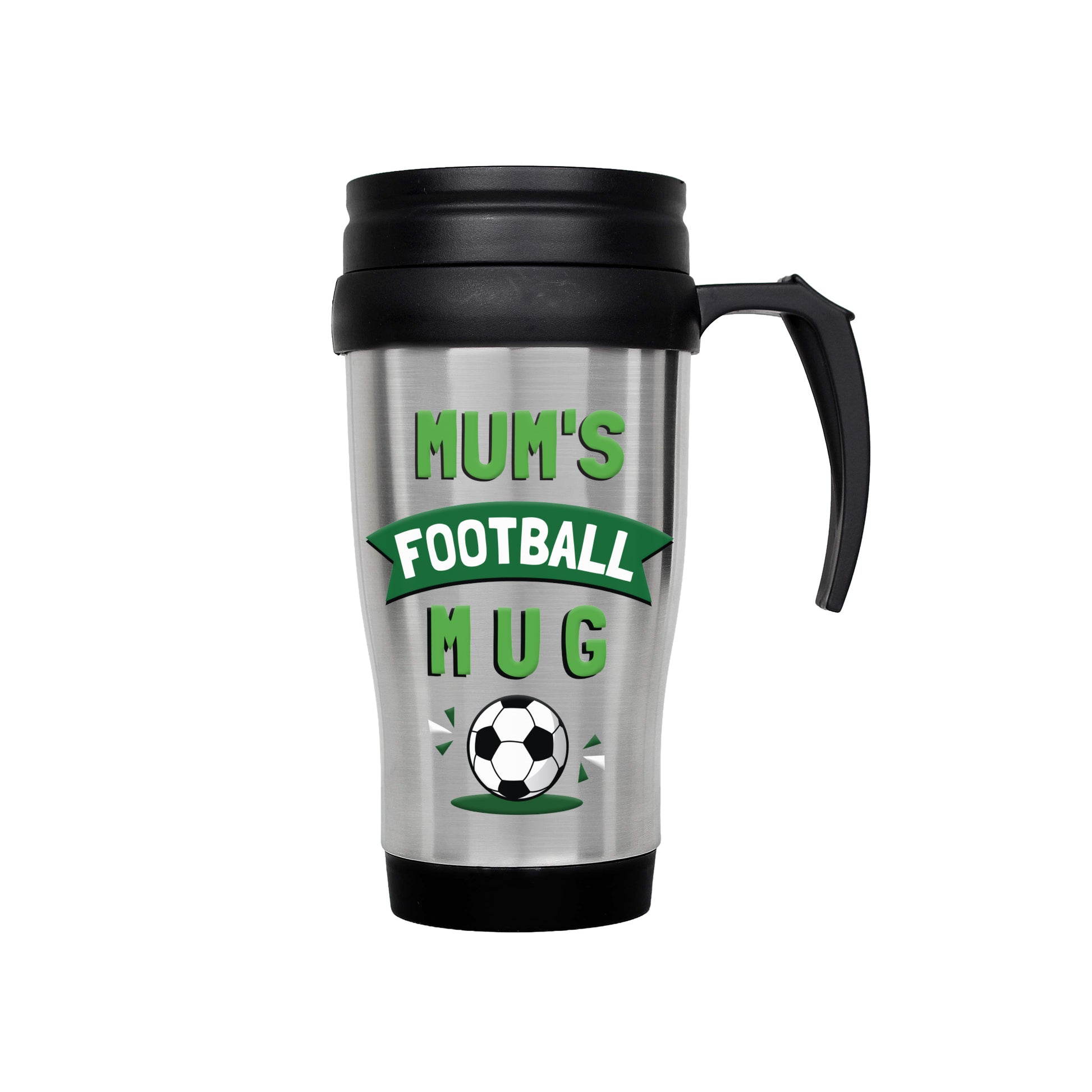 Silver travel mug with black handle and green text 'Mum's Football Mug' on a white background