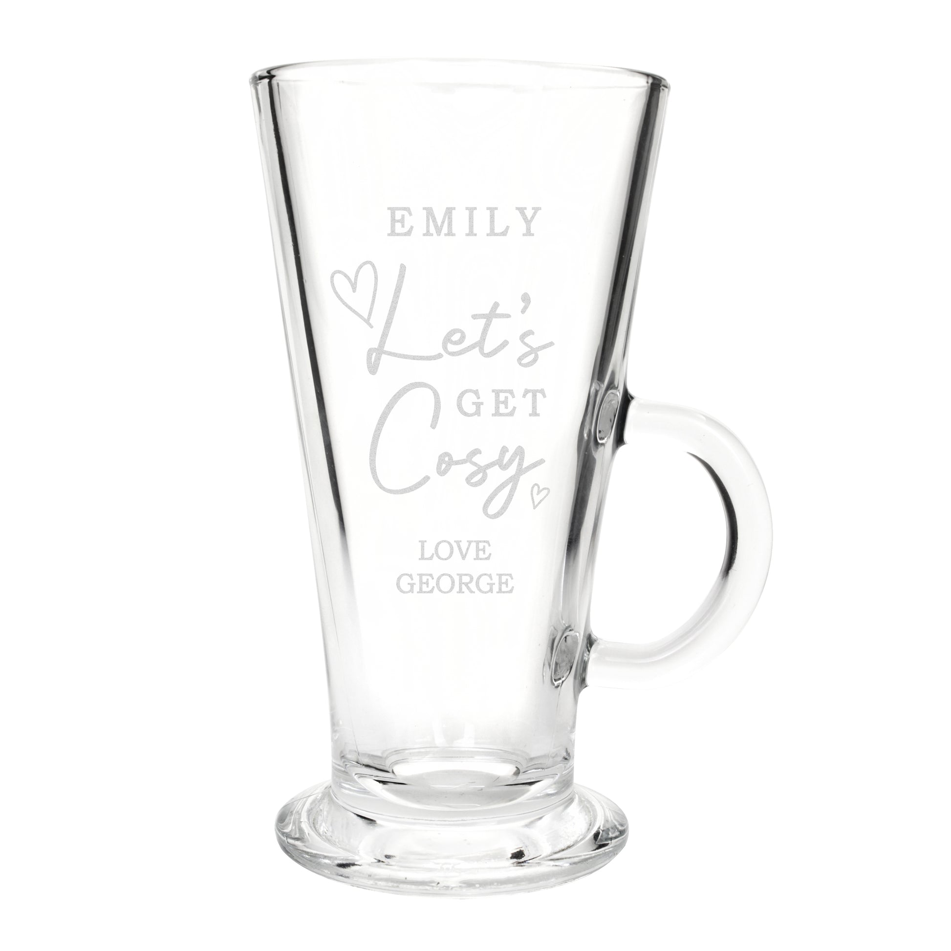 Clear glass mug with engraved text on a white background