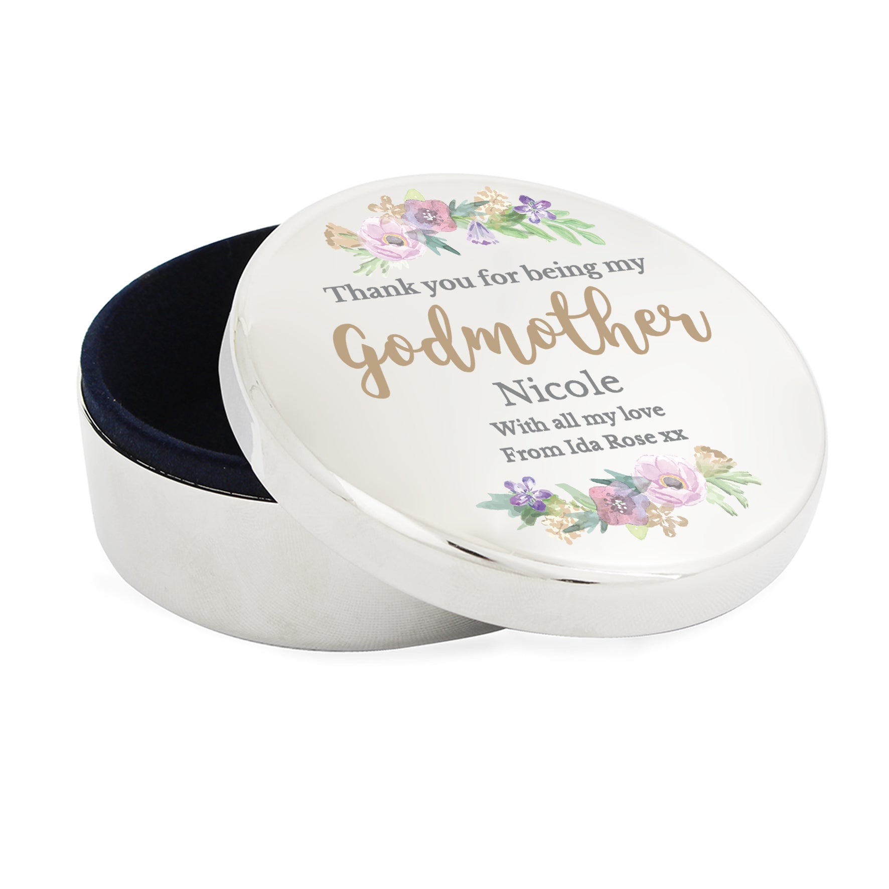 Round white tin with floral designs and text, open on a white background