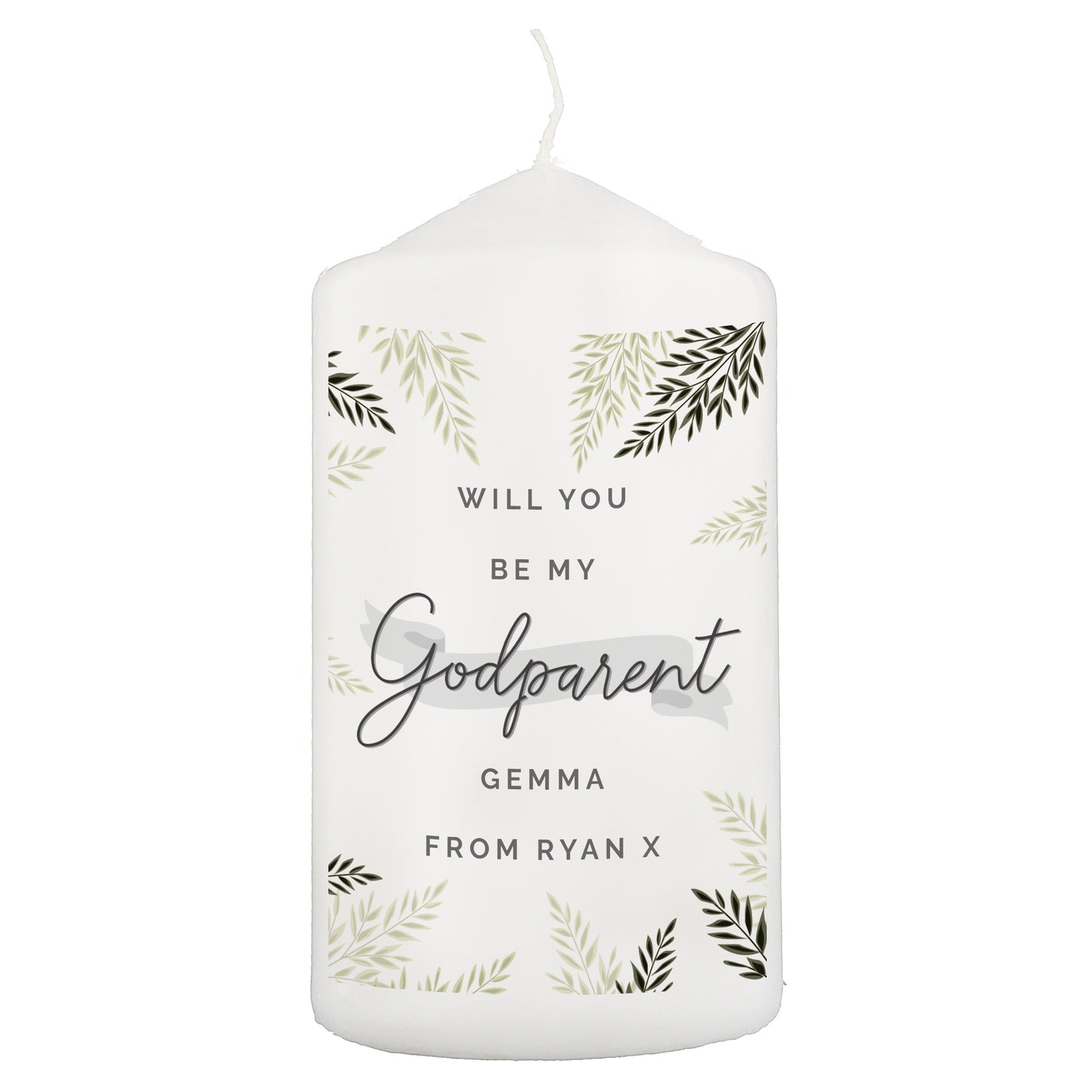 White candle with text and leaf patterns on a white background