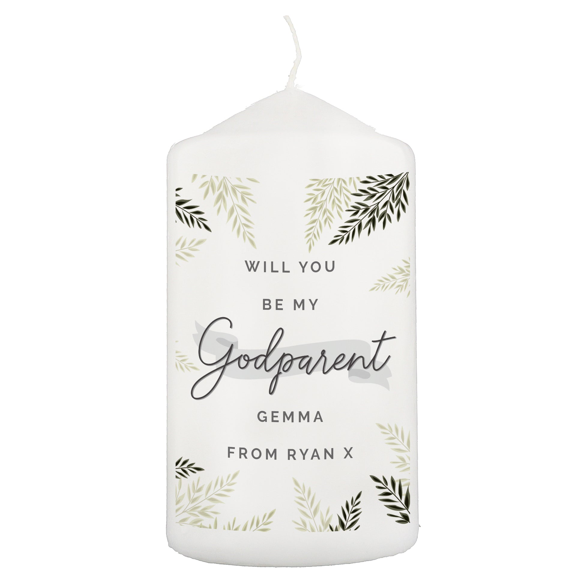 White candle with text and leaf patterns on a white background