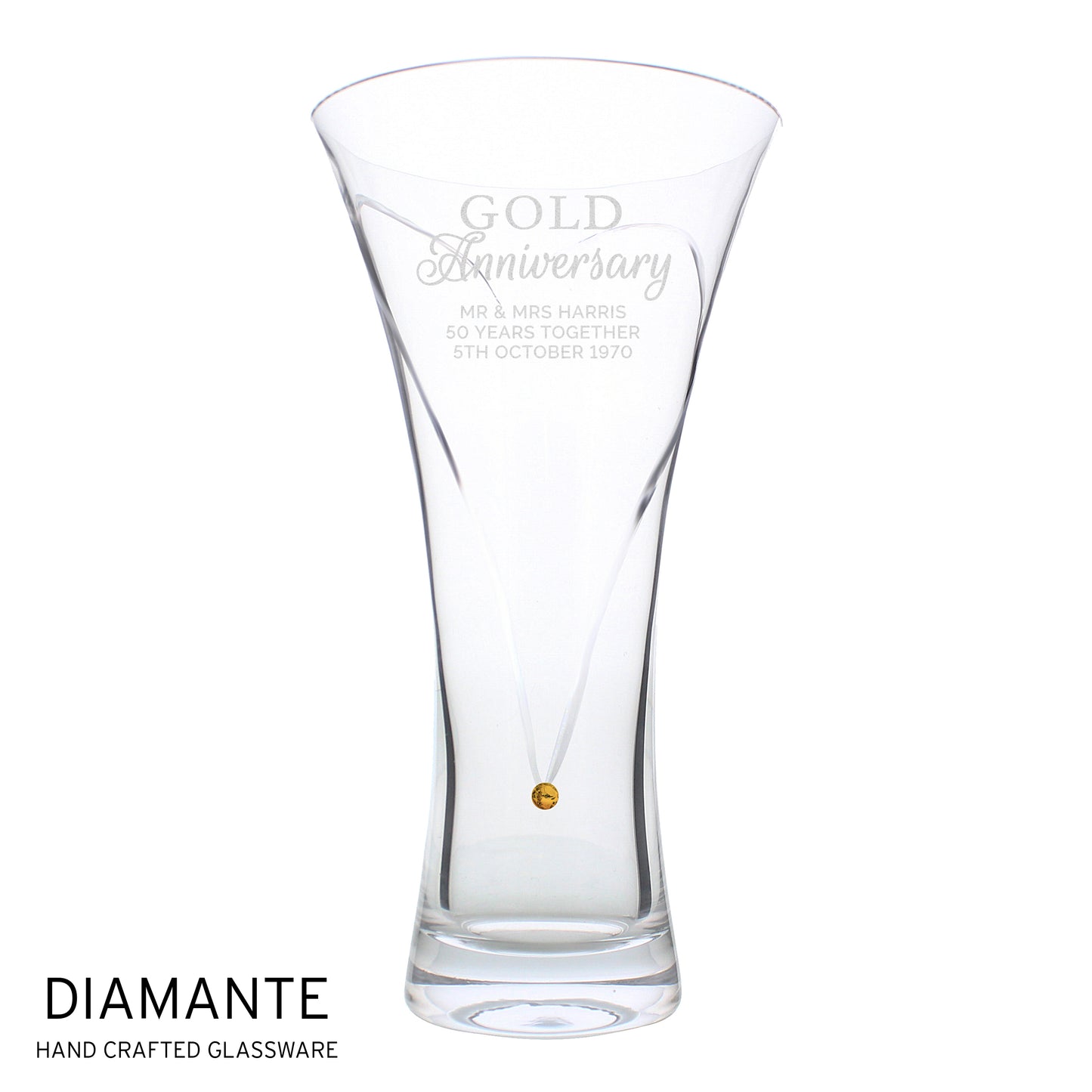 Clear glass vase with 'Gold Anniversary' engraving and a gold gemstone on a white background.