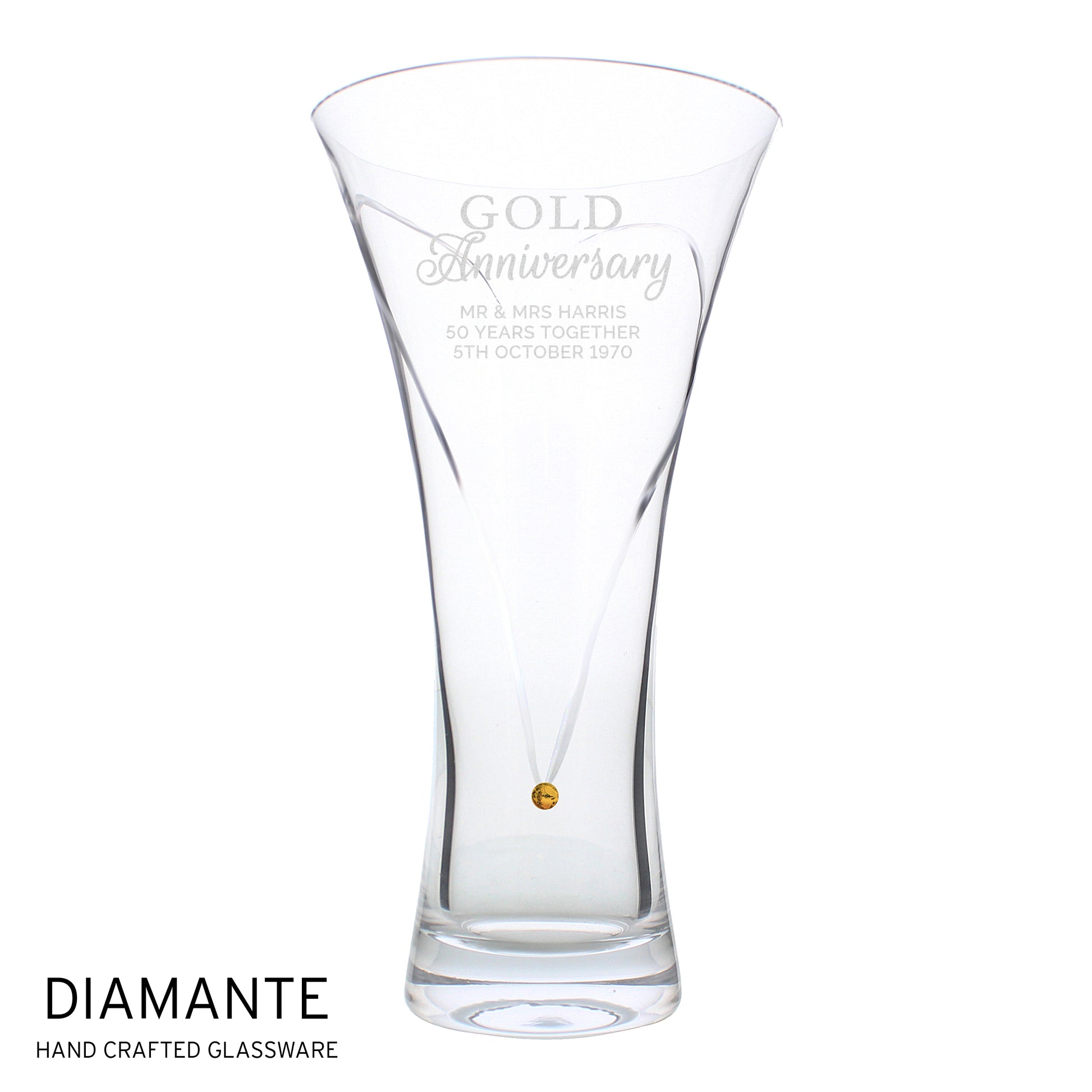 Clear glass vase with 'Gold Anniversary' engraving and a gold gemstone on a white background.