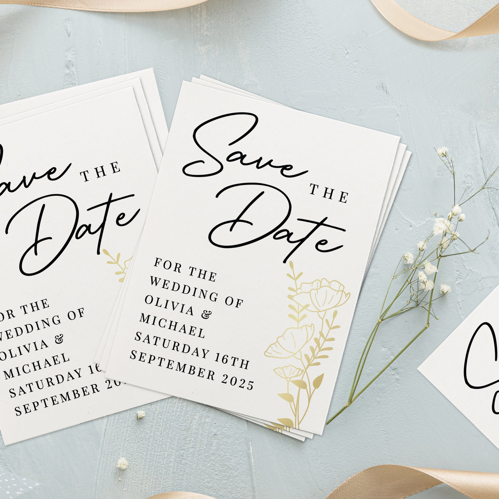 Save the Date cards for a wedding with floral design on a light blue background