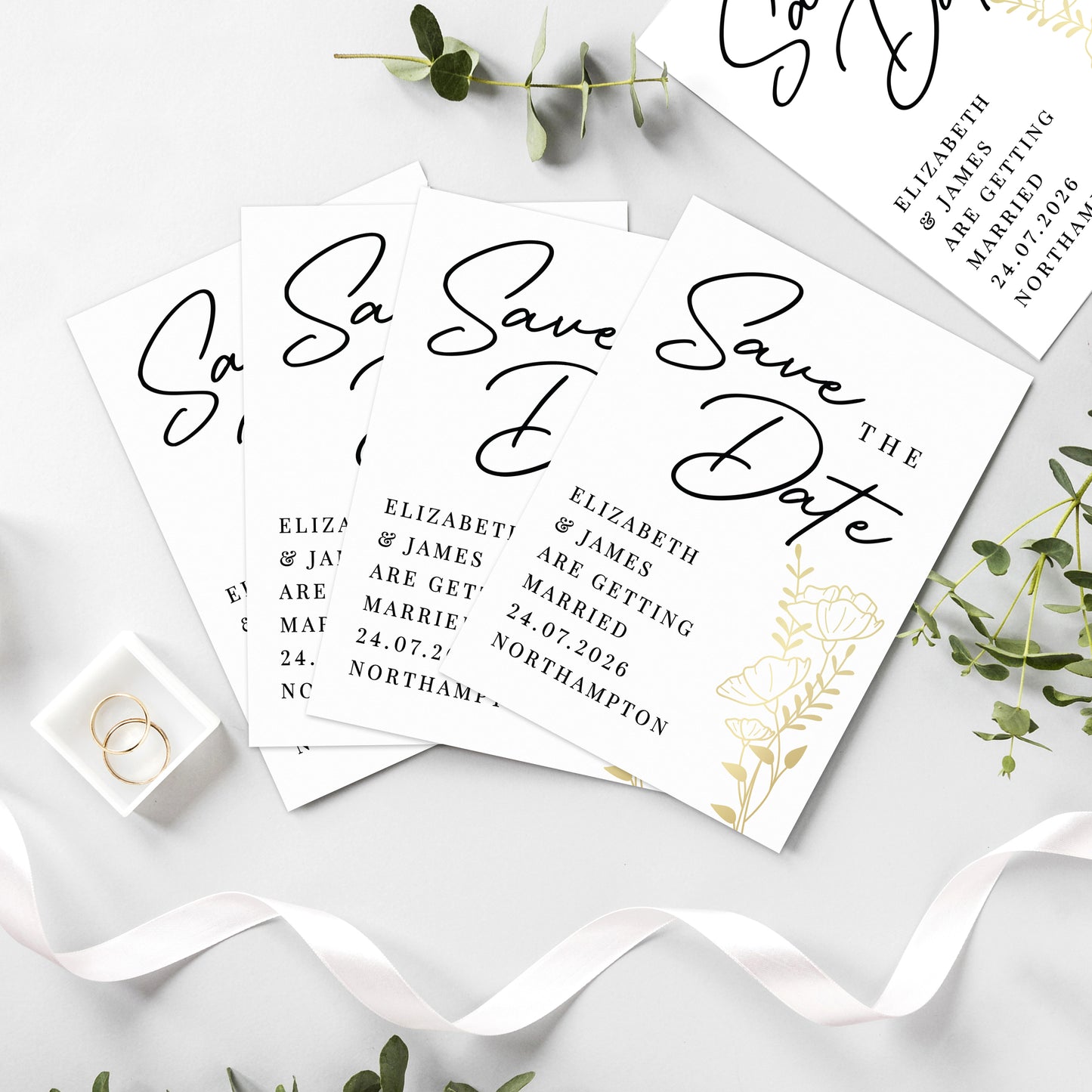 Save the date cards for a wedding with decorative elements on a white background