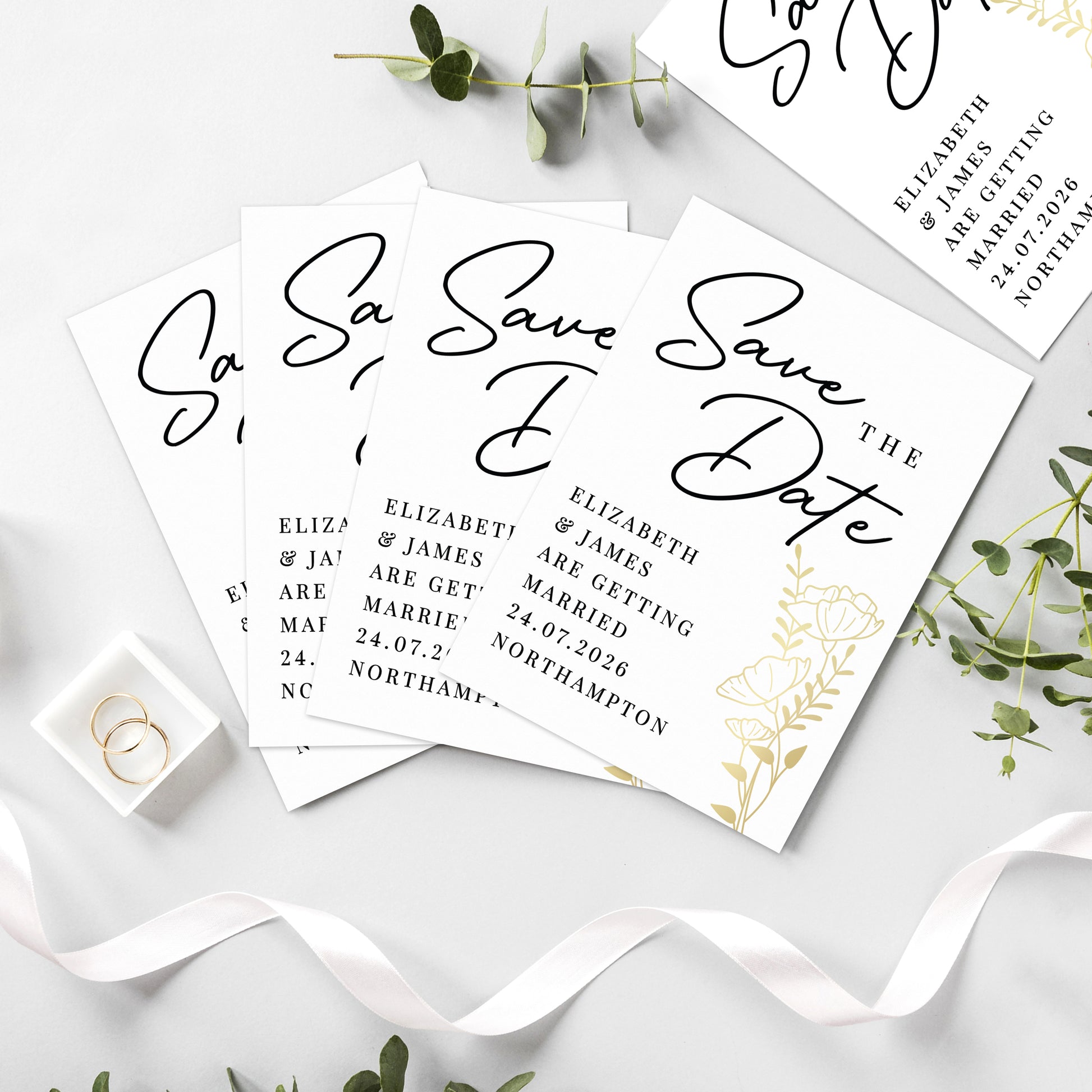 Save the date cards for a wedding with decorative elements on a white background