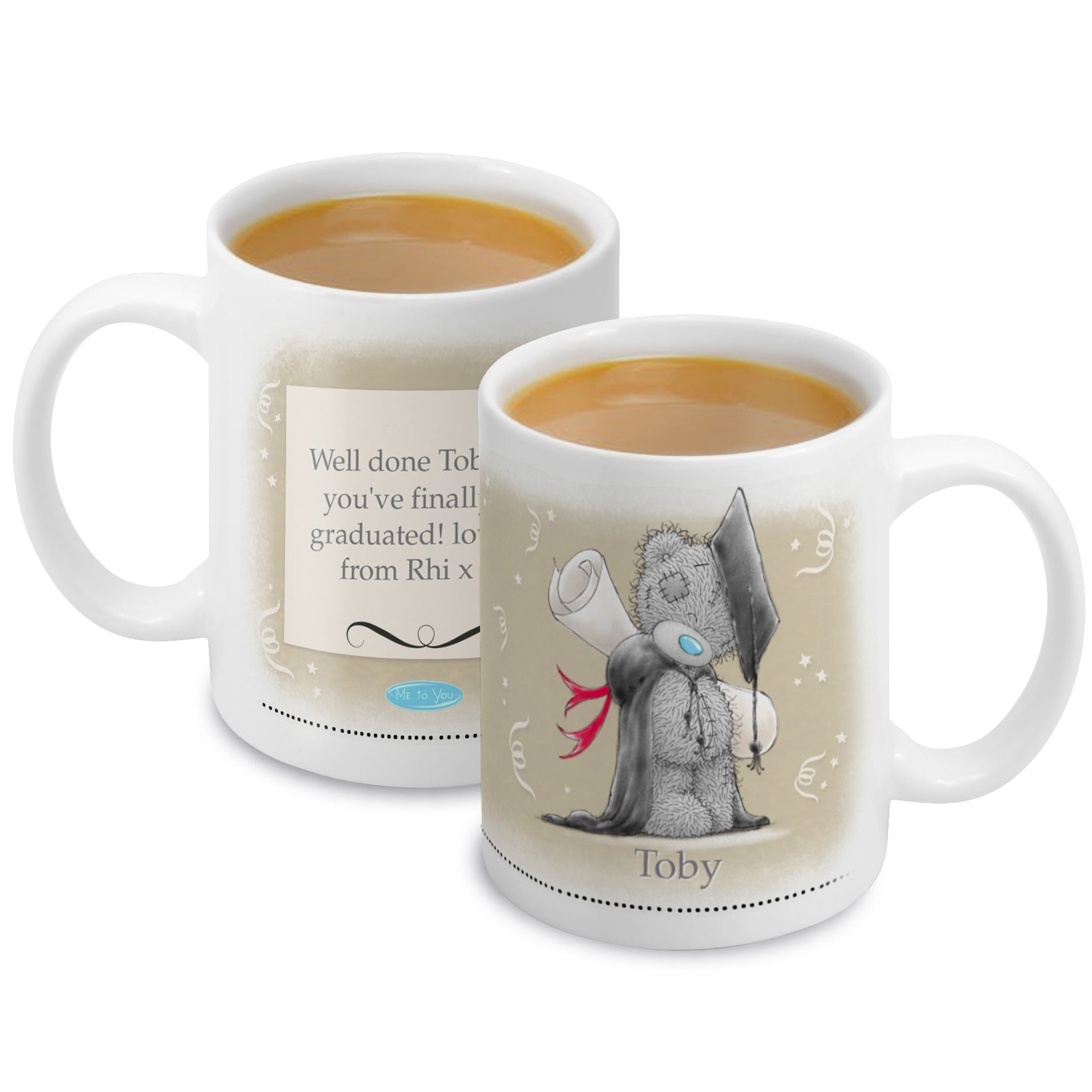 Two mugs with printed designs and text on a white background