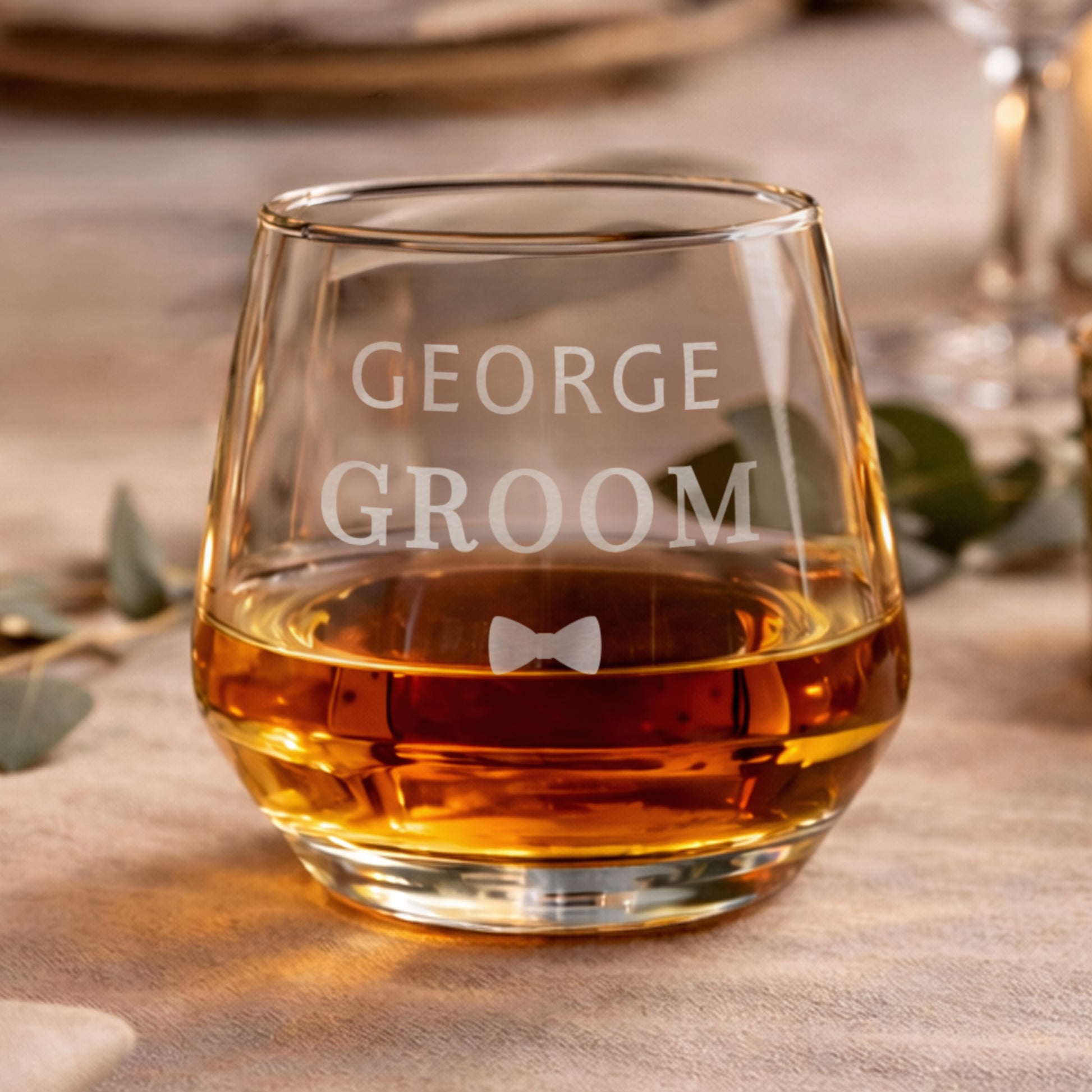 Glass filled with amber liquid, engraved with 'GEORGE GROOM' and a bow tie symbol, on a wooden surface.