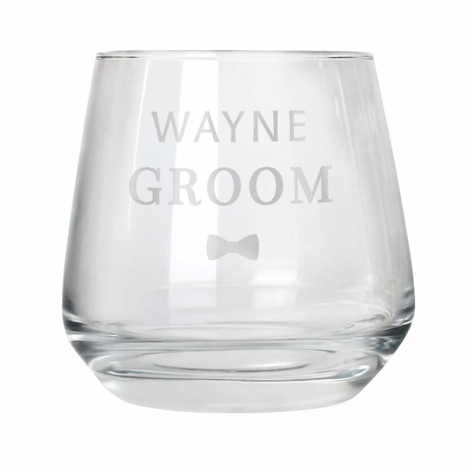 Clear glass with 'WAYNE GROOM' and a bow tie etching on a white background