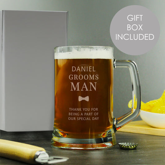 Personalised glass mug with beer and engraved text, gift box included.