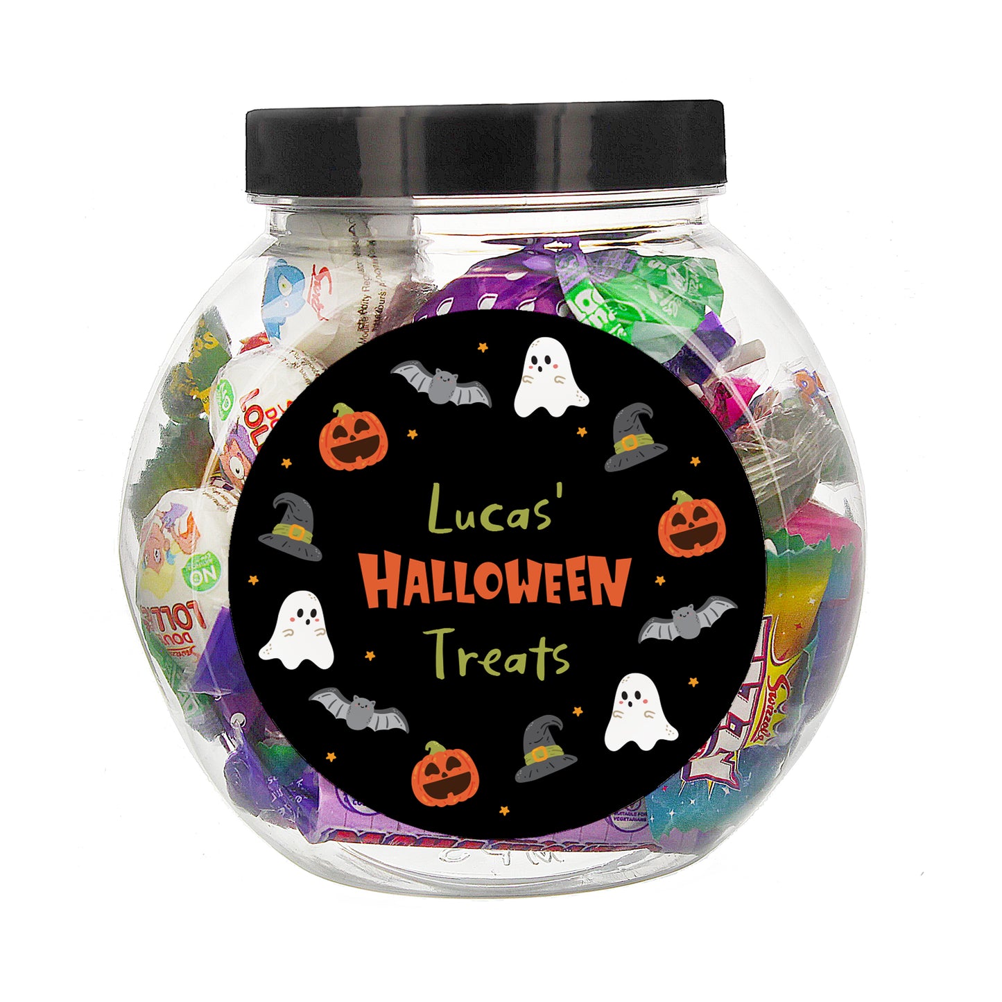 Halloween-themed candy jar with colorful treats and a black label.