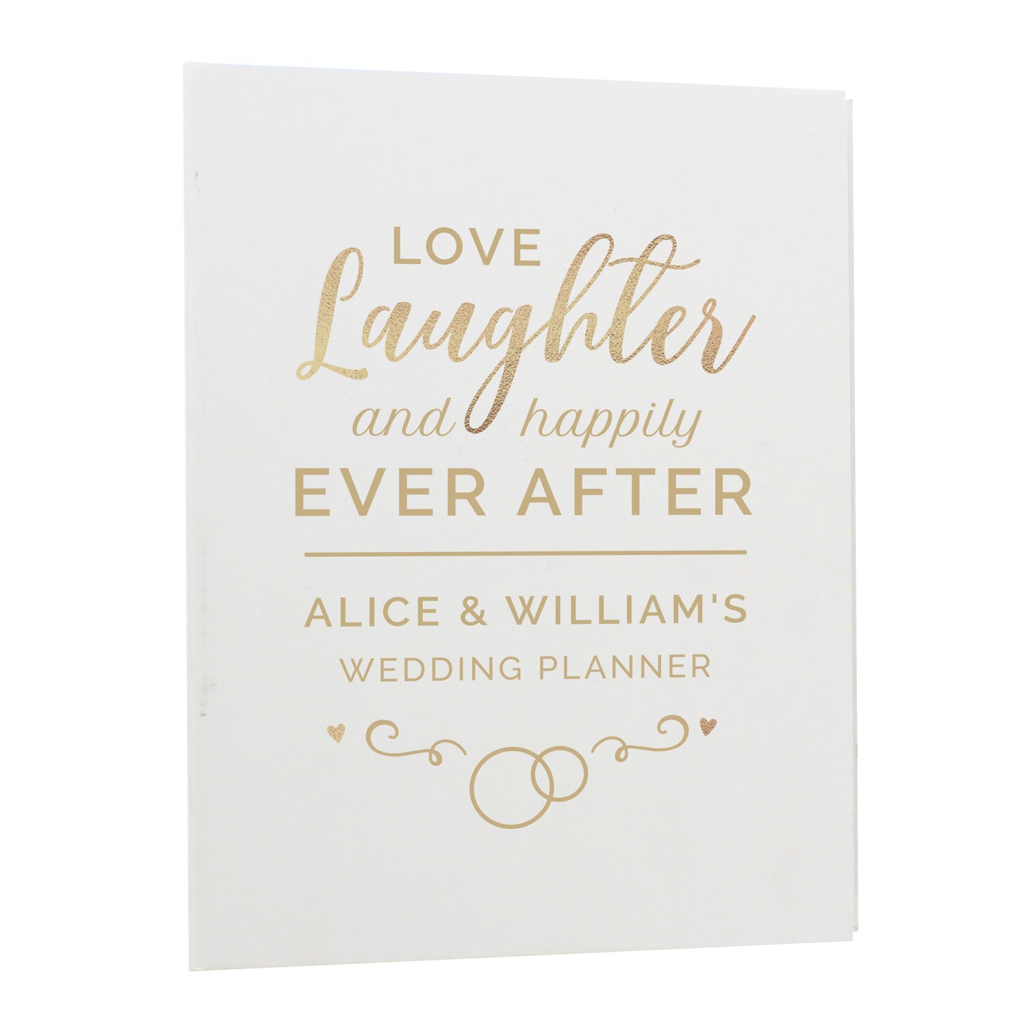 White book cover with gold text 'Love Laughter and Happily Ever After' and 'Alice & William's Wedding Planner'.