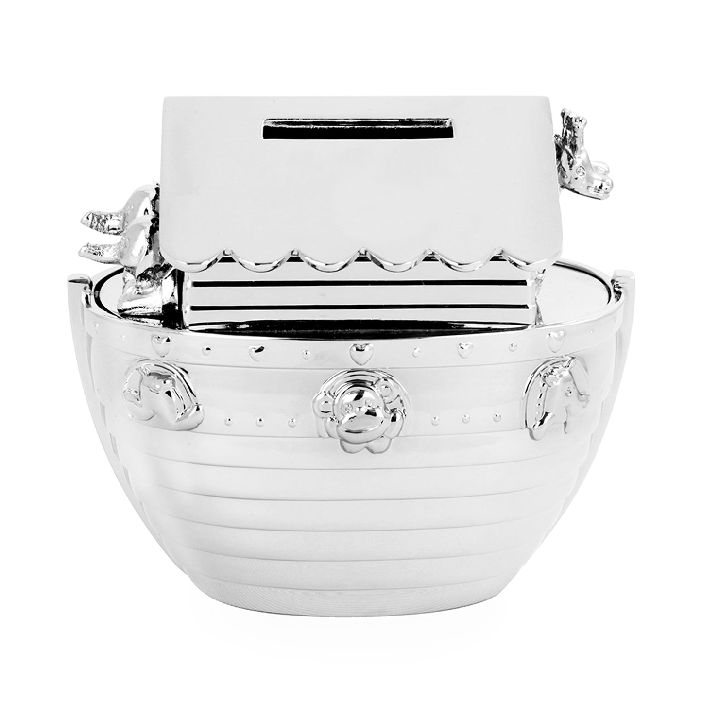Silver nickel hessian friends Noah's Art money box with birth details. Shown on  a white background.