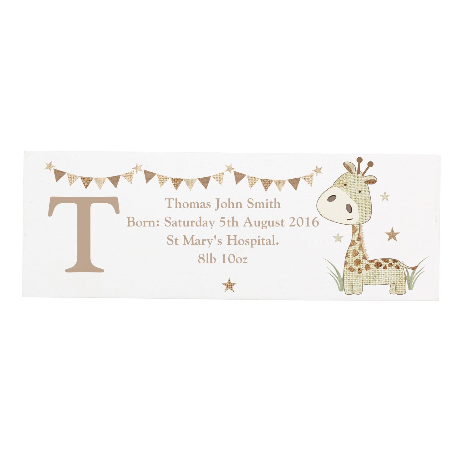 Baby birth announcement mantel decoration with a giraffe illustration on a white background
