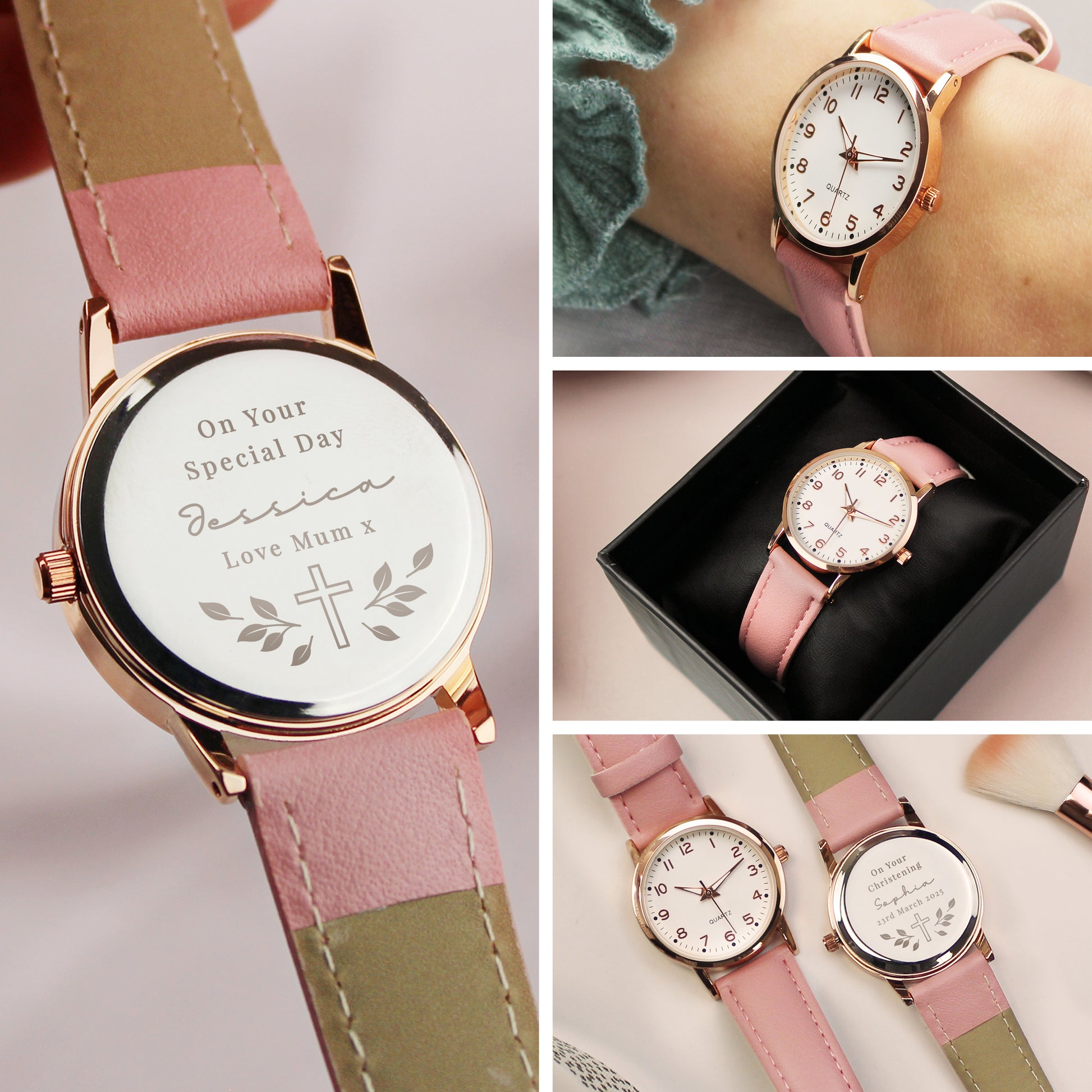 Collage of a watch with a pink strap and personalised message on a white background