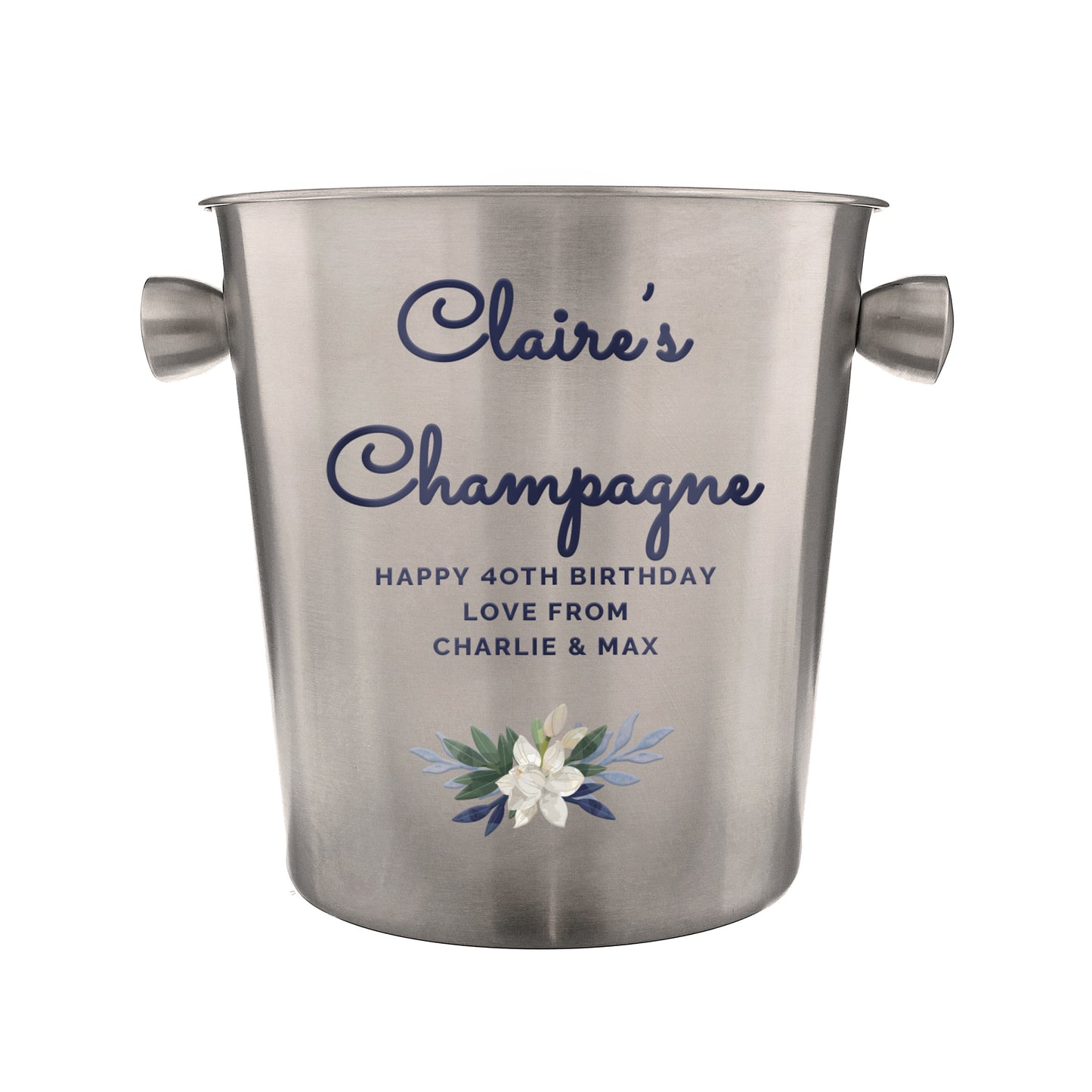 Stainless steel champagne bucket with personalised text and floral design on a white background