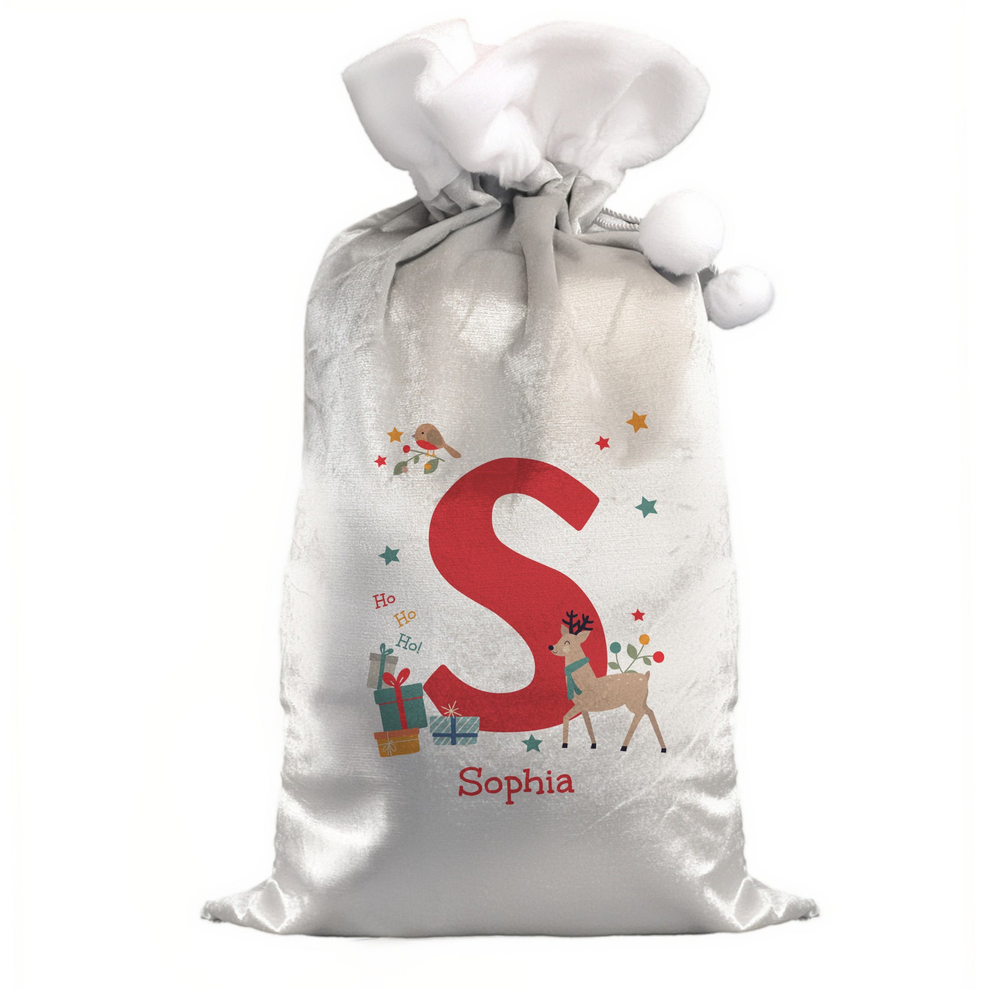 White Christmas sack with red letter 'S' and festive design, personalised with 'Sophia'.
