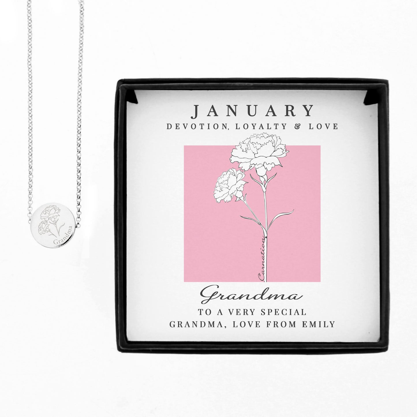Necklace with a floral pendant in a decorative box with text and floral design.