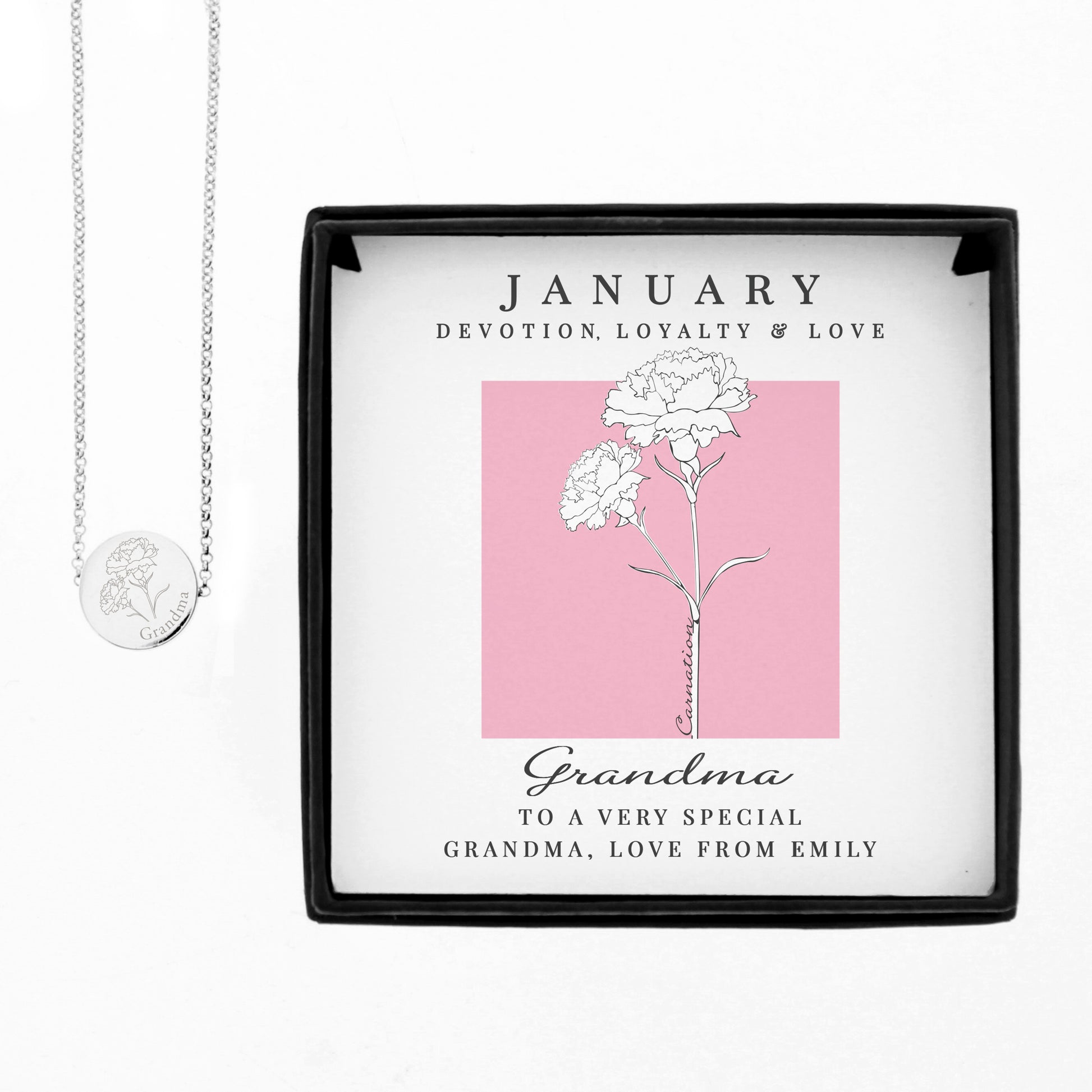 Necklace with a floral pendant in a decorative box with text and floral design.