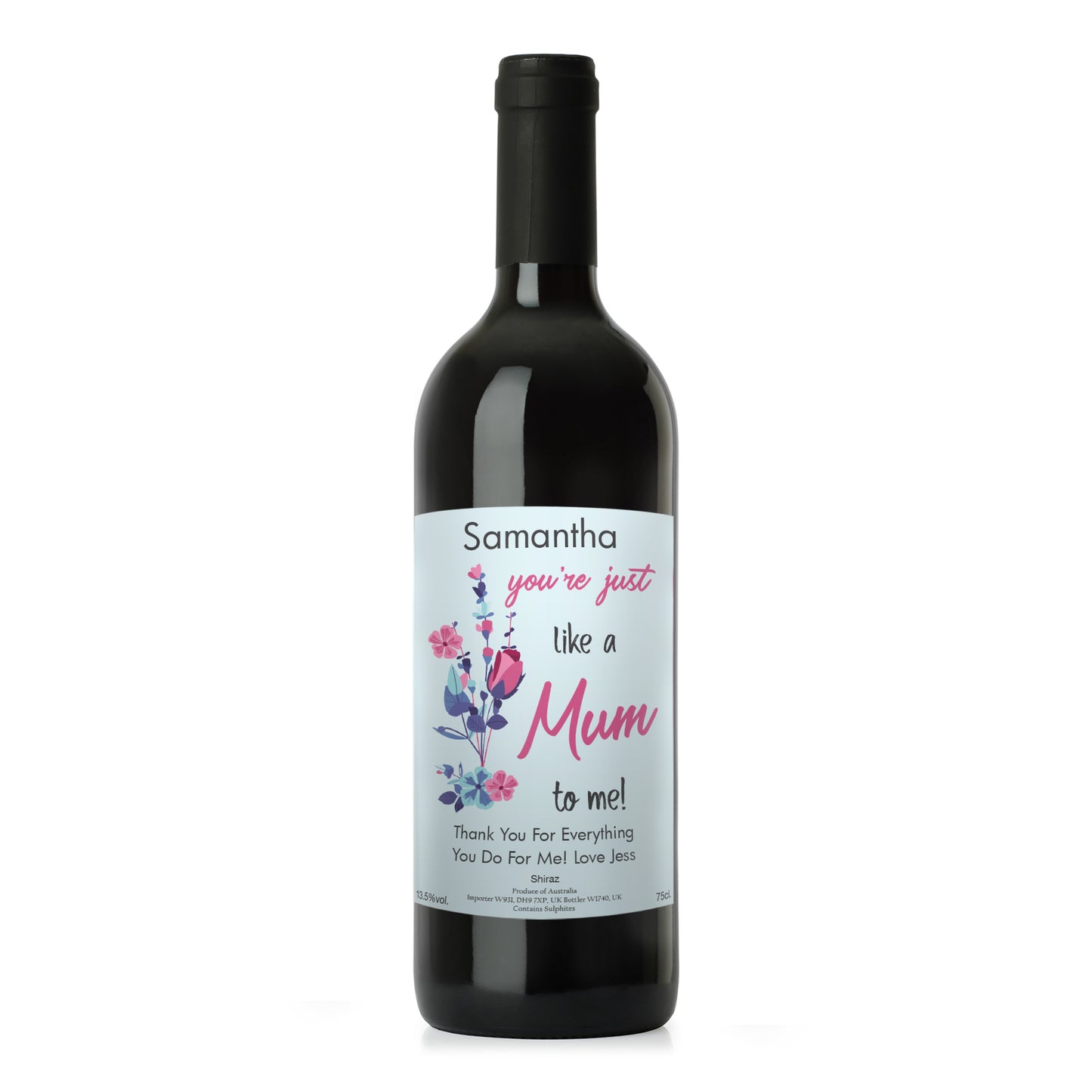 Wine bottle with a personalised label on a white background