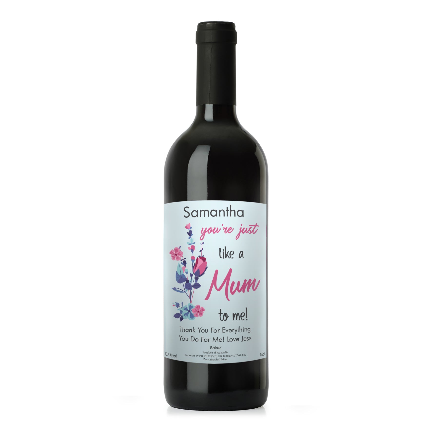 Wine bottle with a personalised label on a white background