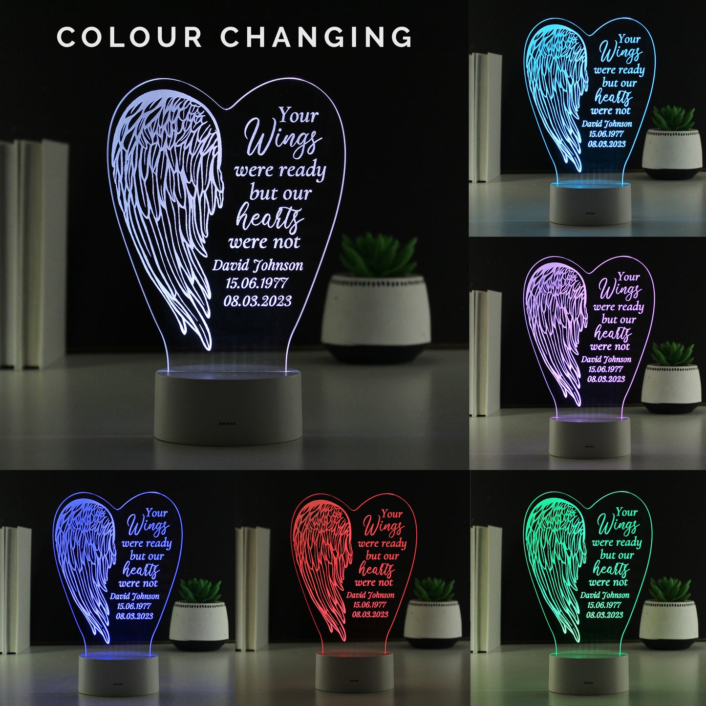 Colour-changing LED night light with angel wings and personalised text on a black background.