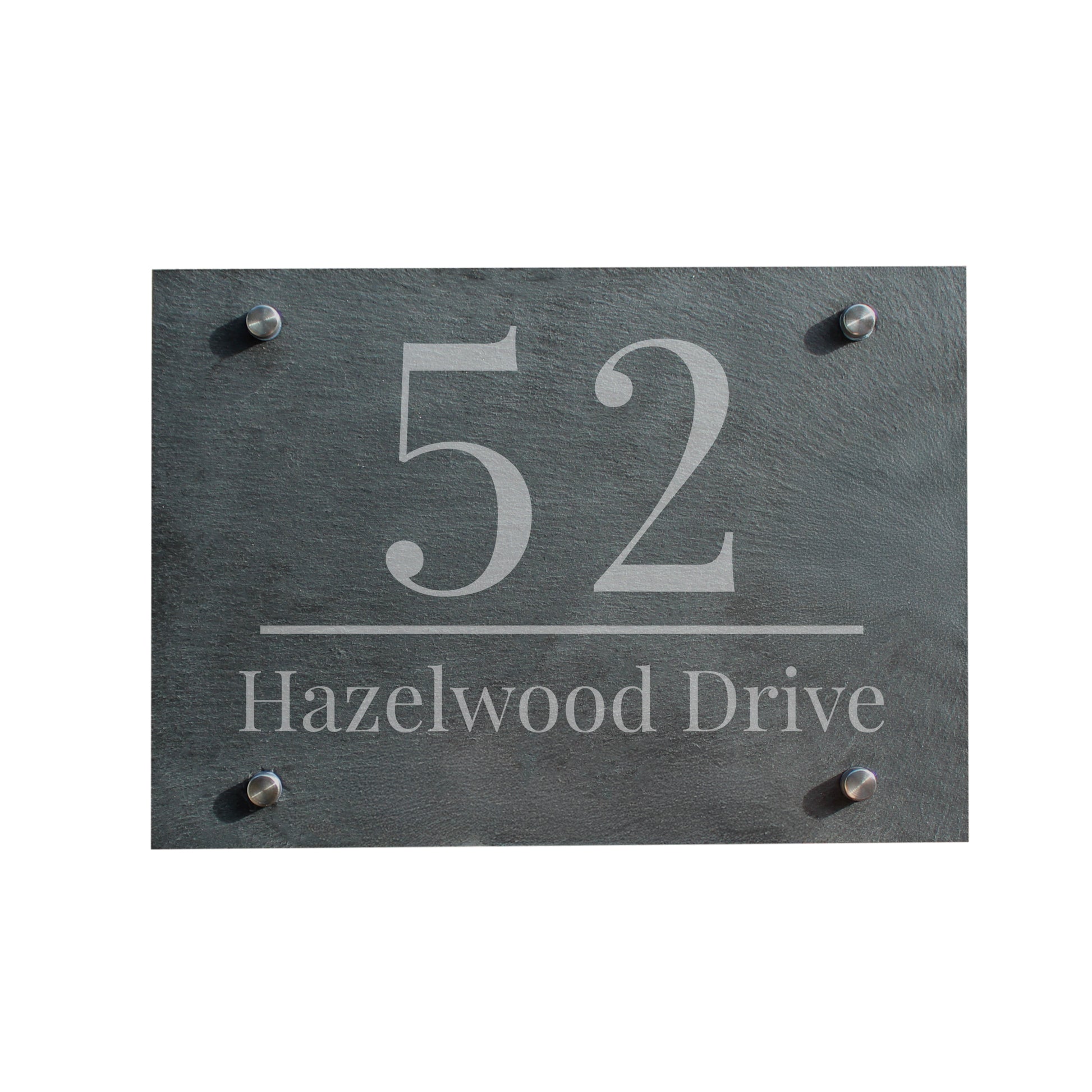 Slate house number sign with '52 Hazelwood Drive' on a white background
