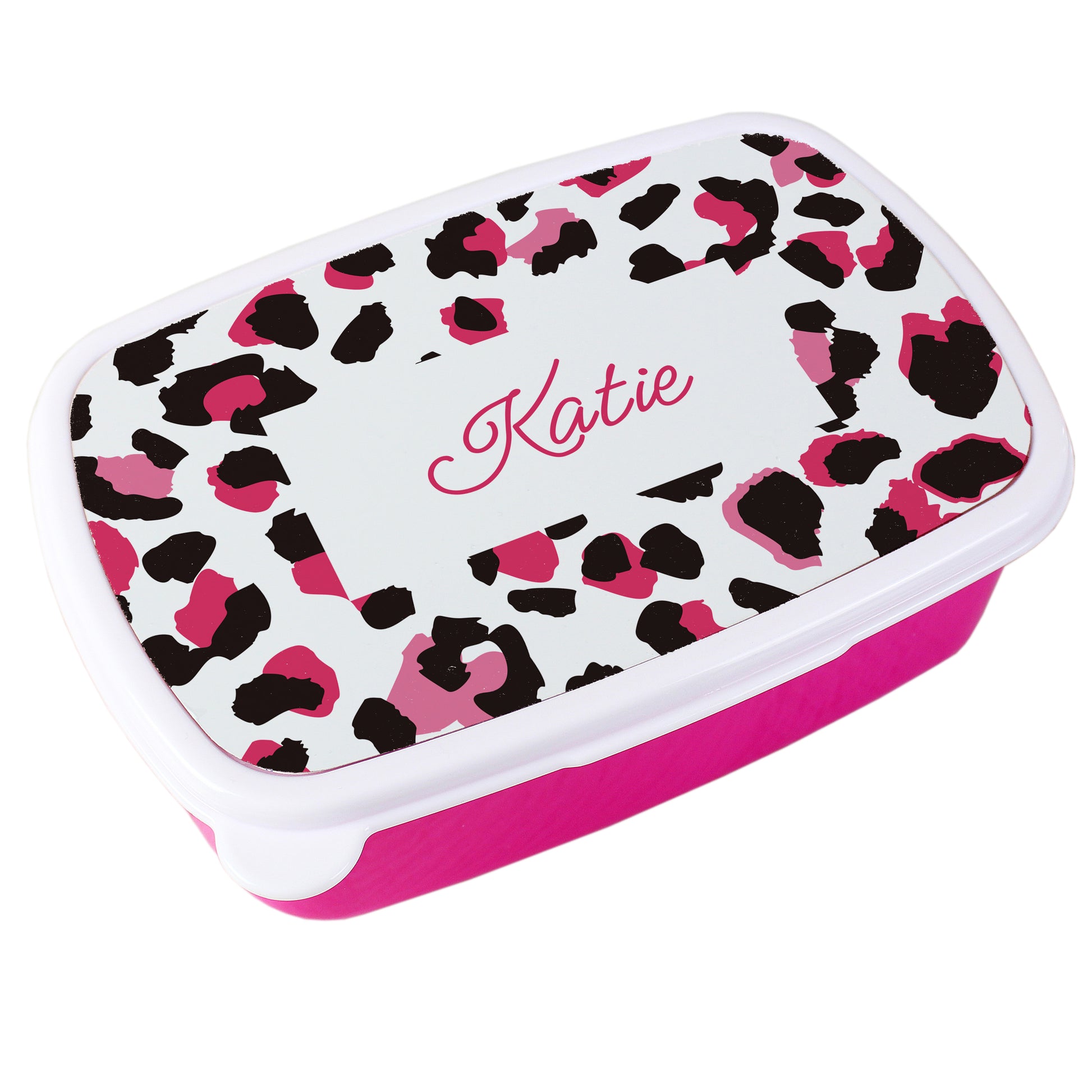 Rectangular container with pink and black leopard print pattern and 'Katie' text on a white background