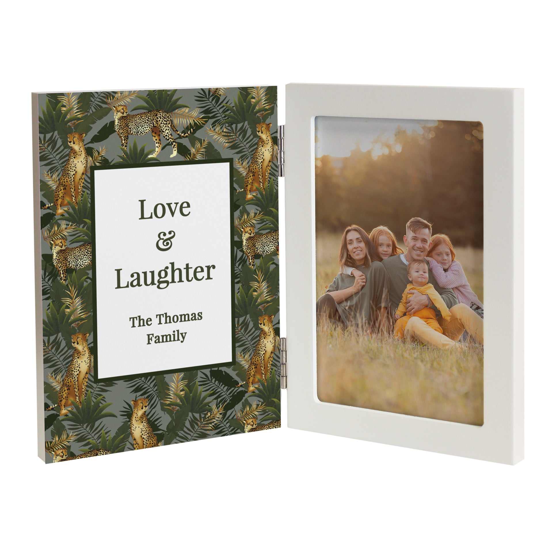 Hinged photo frame with one side showing a family photo and the other with 'Love & Laughter' text.