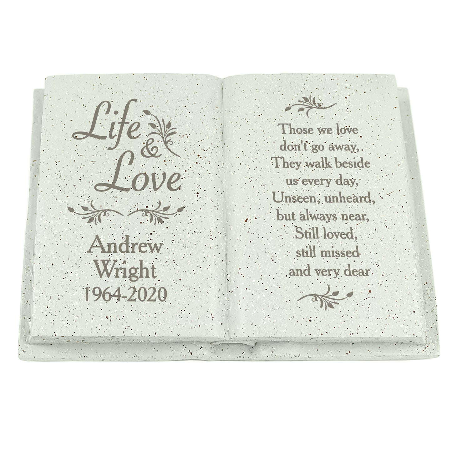 Memorial stone with engraved text 'Life & Love' and personalised name and year.