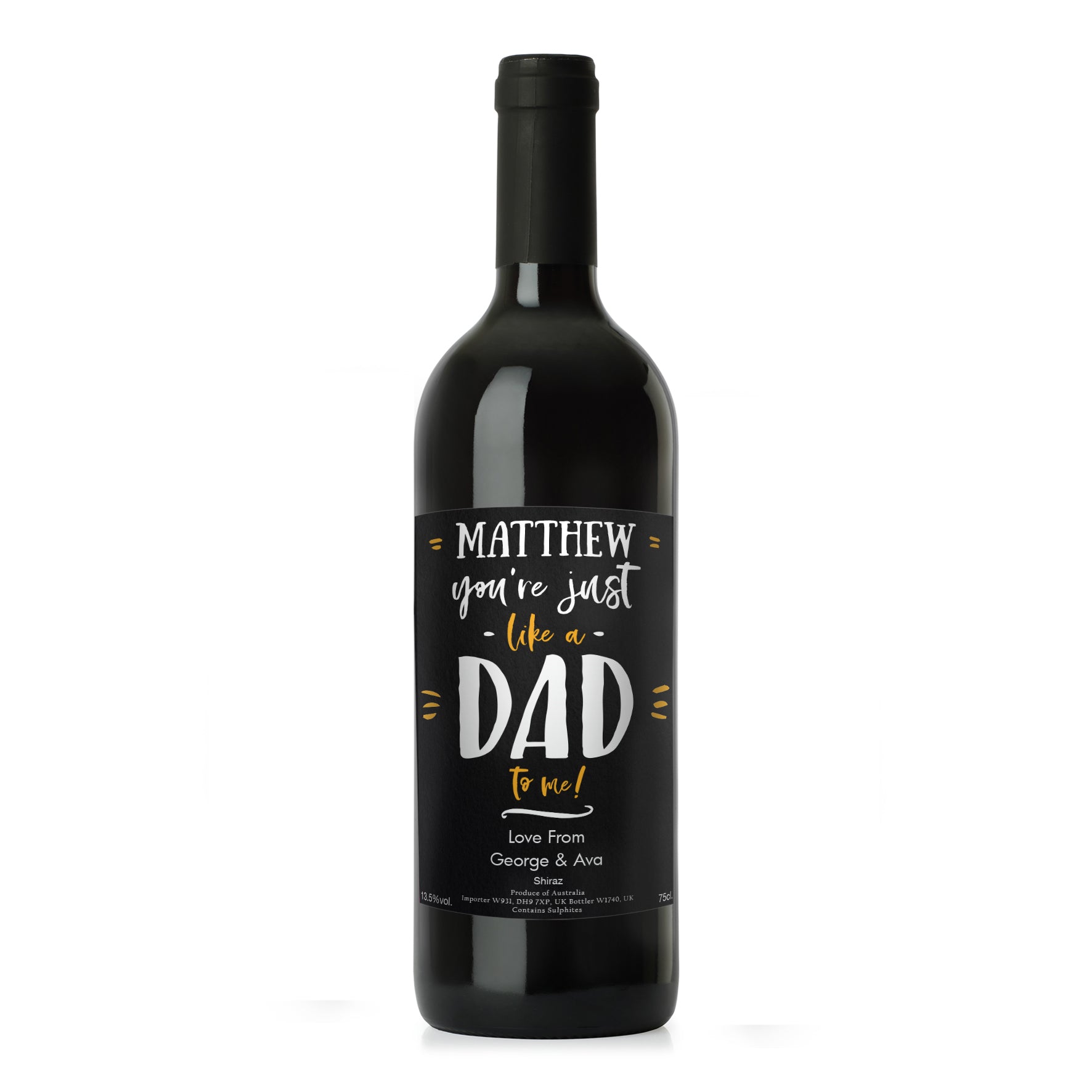 Wine bottle with a personalised label on a white background