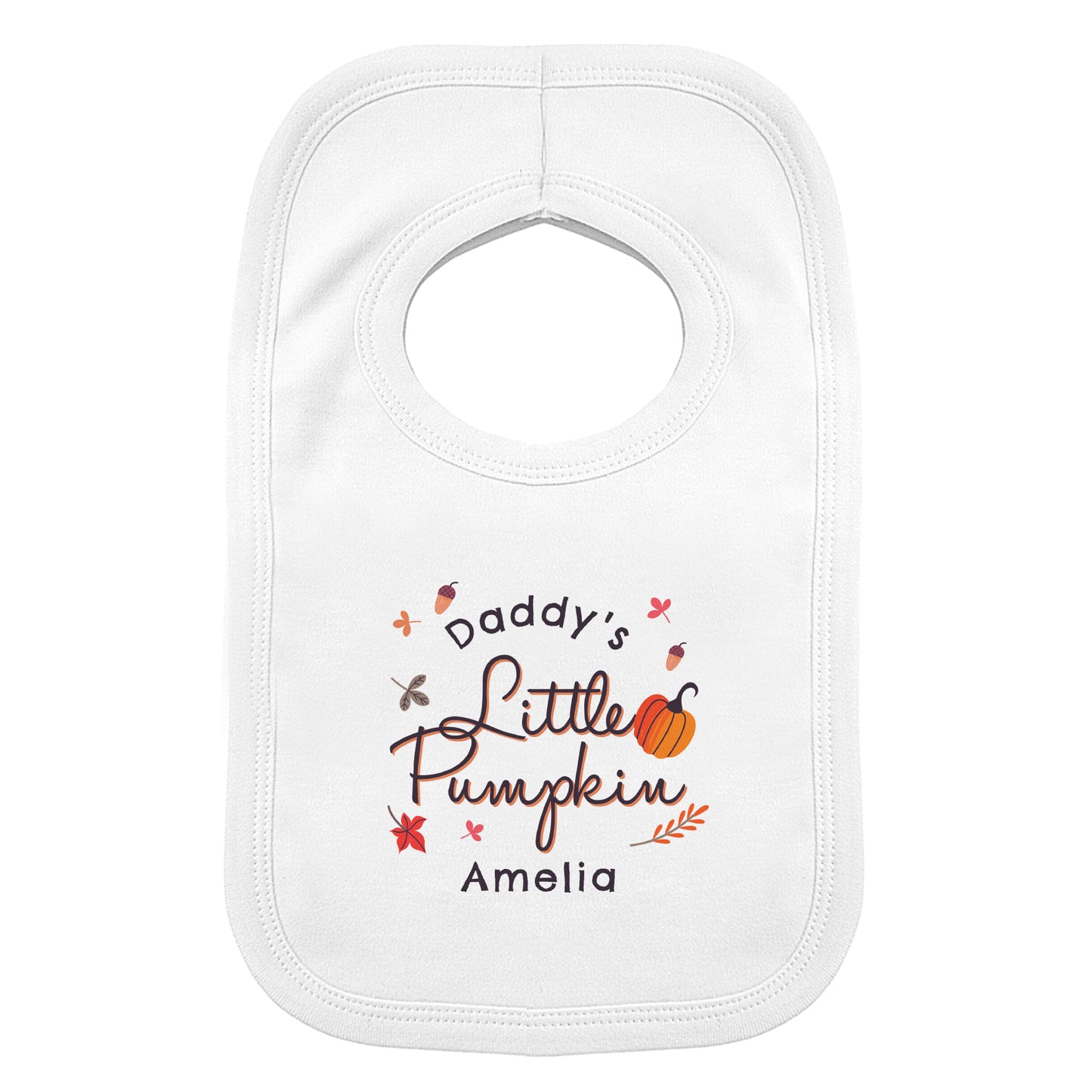 White baby bib with 'Daddy's Little Pumpkin' text and a pumpkin graphic on a white background