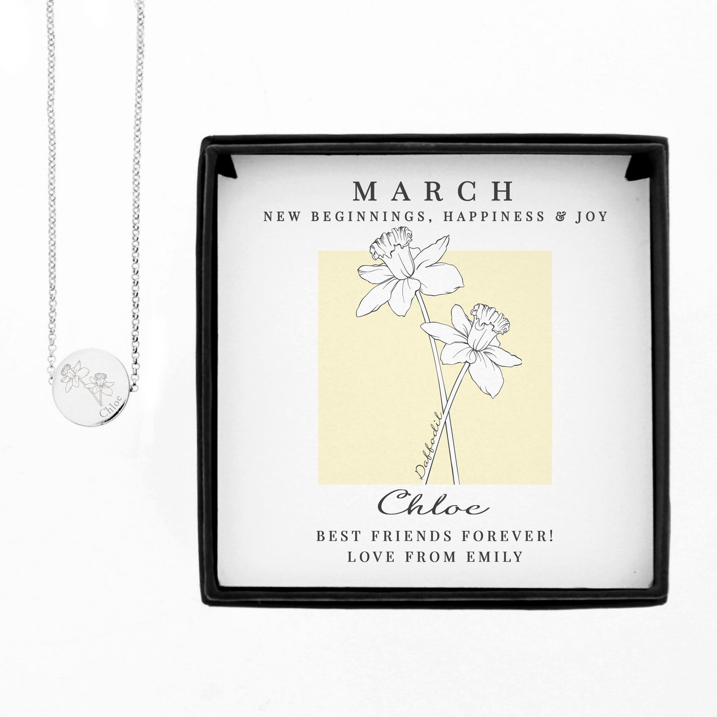 Necklace in a decorative box with floral design and text