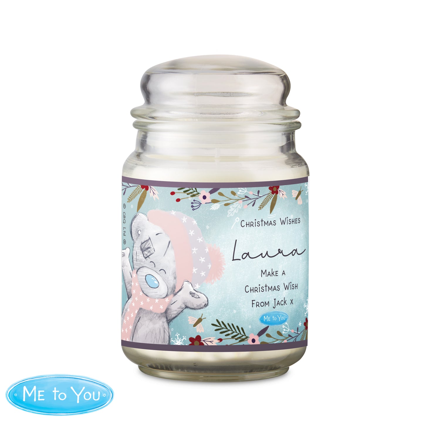 Jar with a decorative label featuring a cartoon character and text on a white background