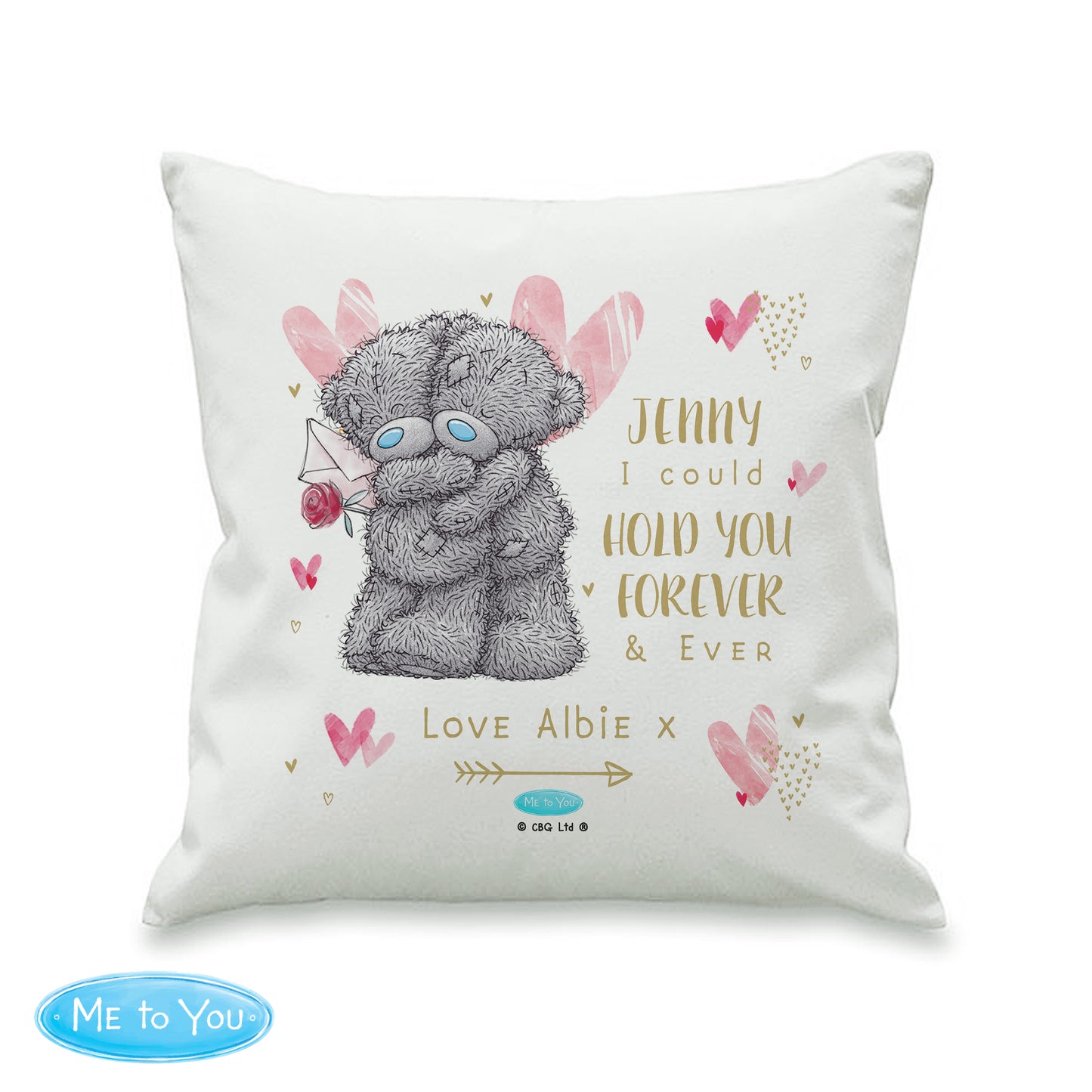 Decorative pillow with a teddy bear holding flowers and text on a white background