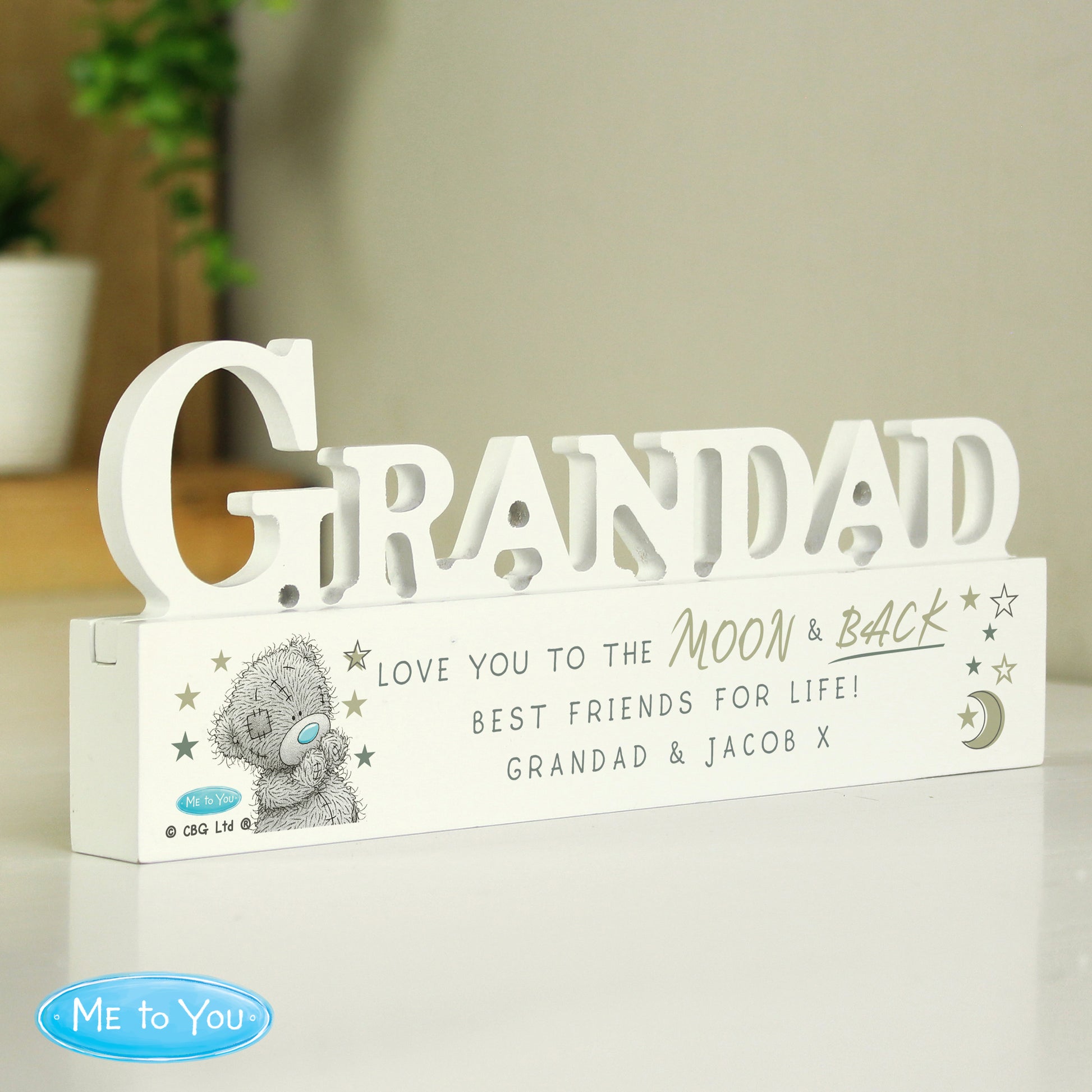 Decorative sign with 'GRANDAD' and a teddy bear, featuring personalised text, on a neutral background.