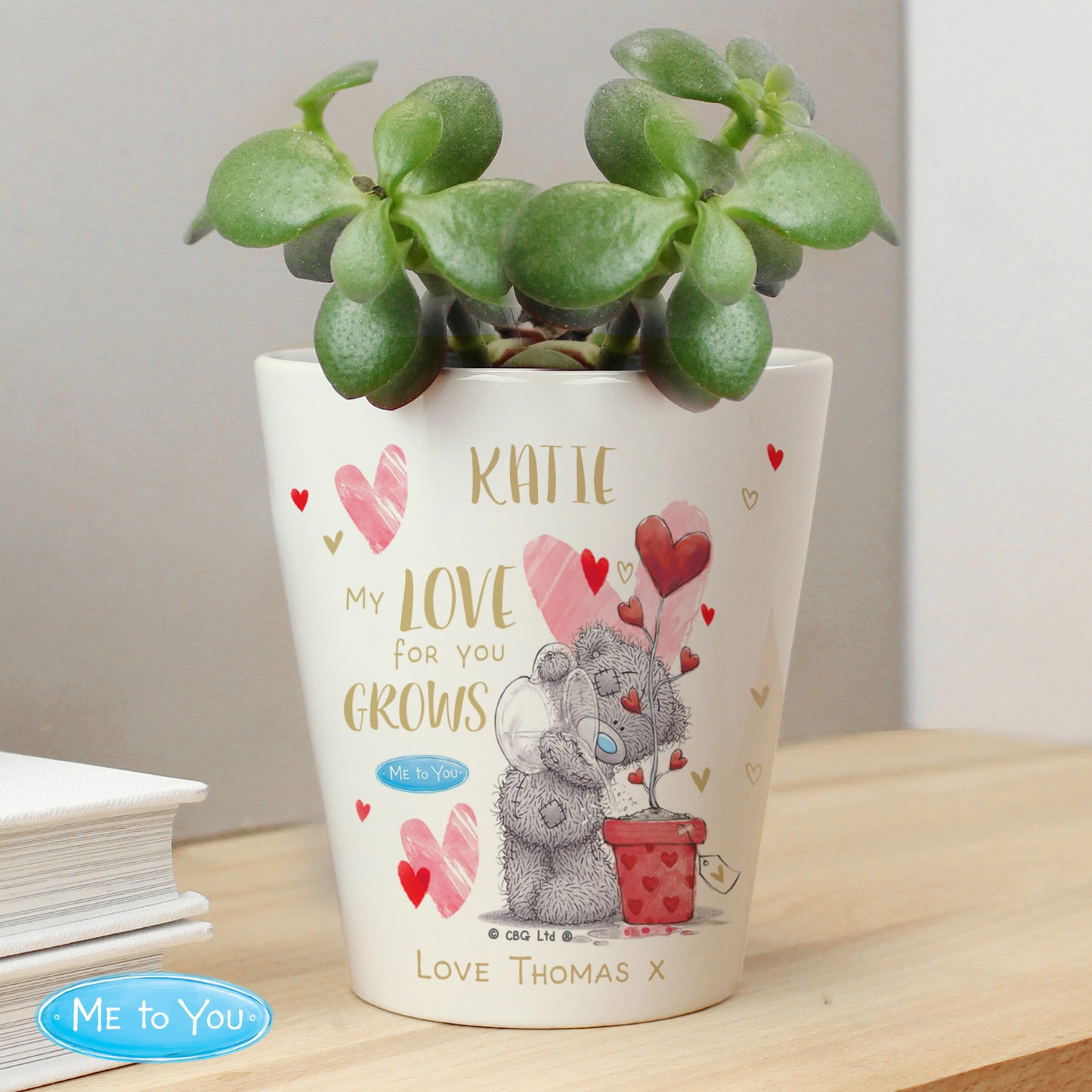 Decorative pot with a plant, featuring a teddy bear and heart design, on a wooden surface.