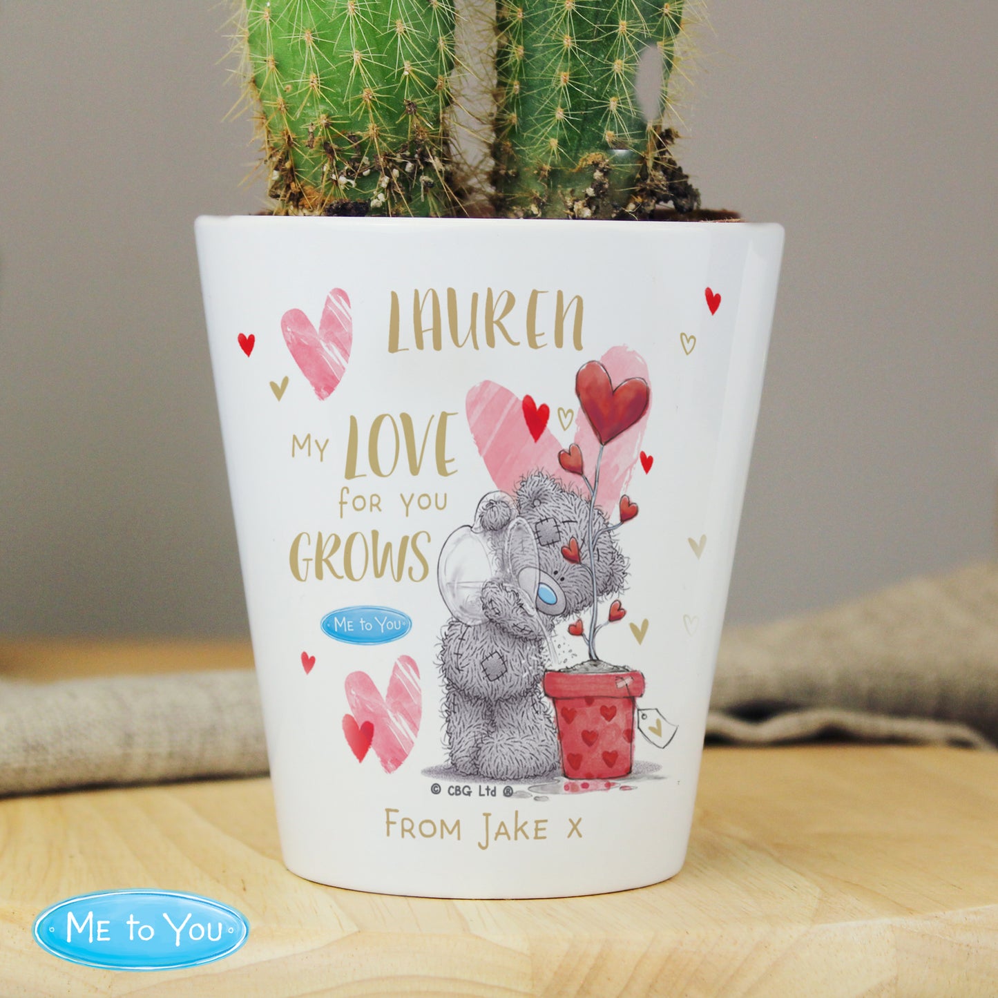 Personalised planter with teddy bear design and text, featuring 'Me to You' branding.