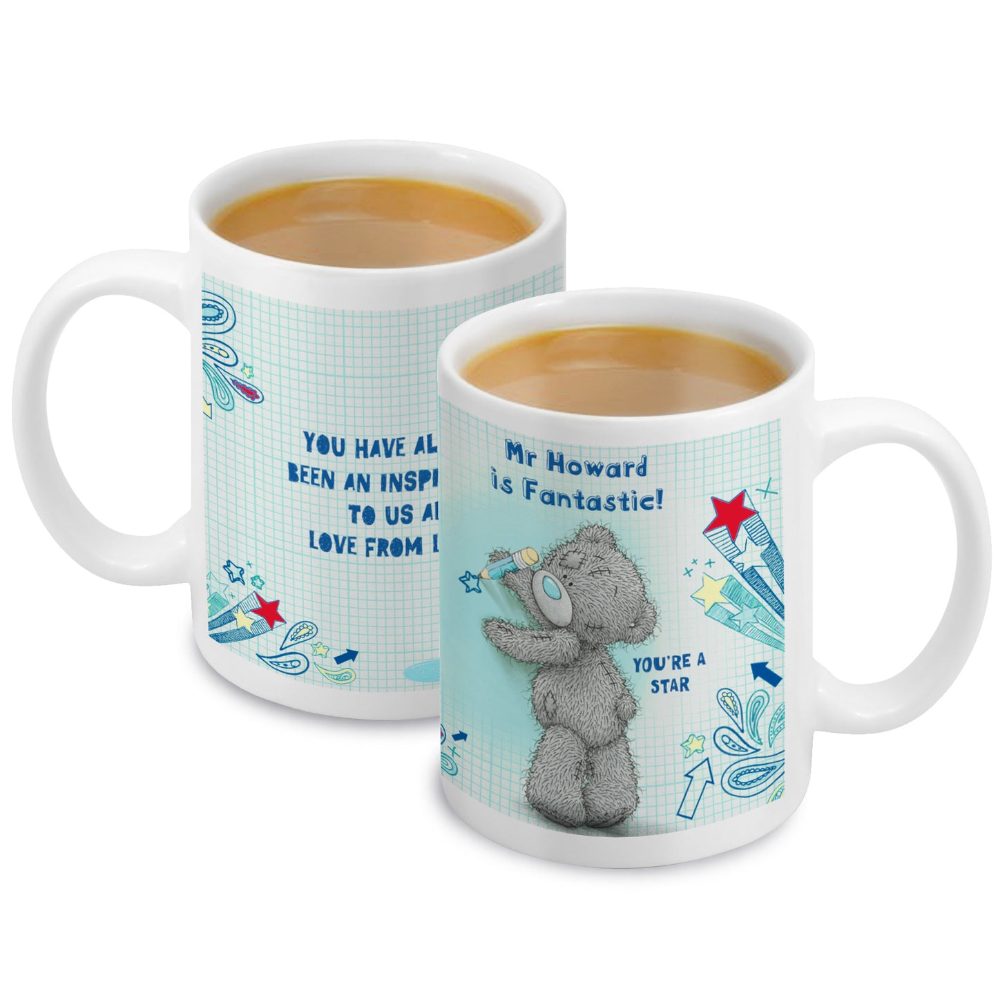 Two mugs with cartoon bear design and text on a white background