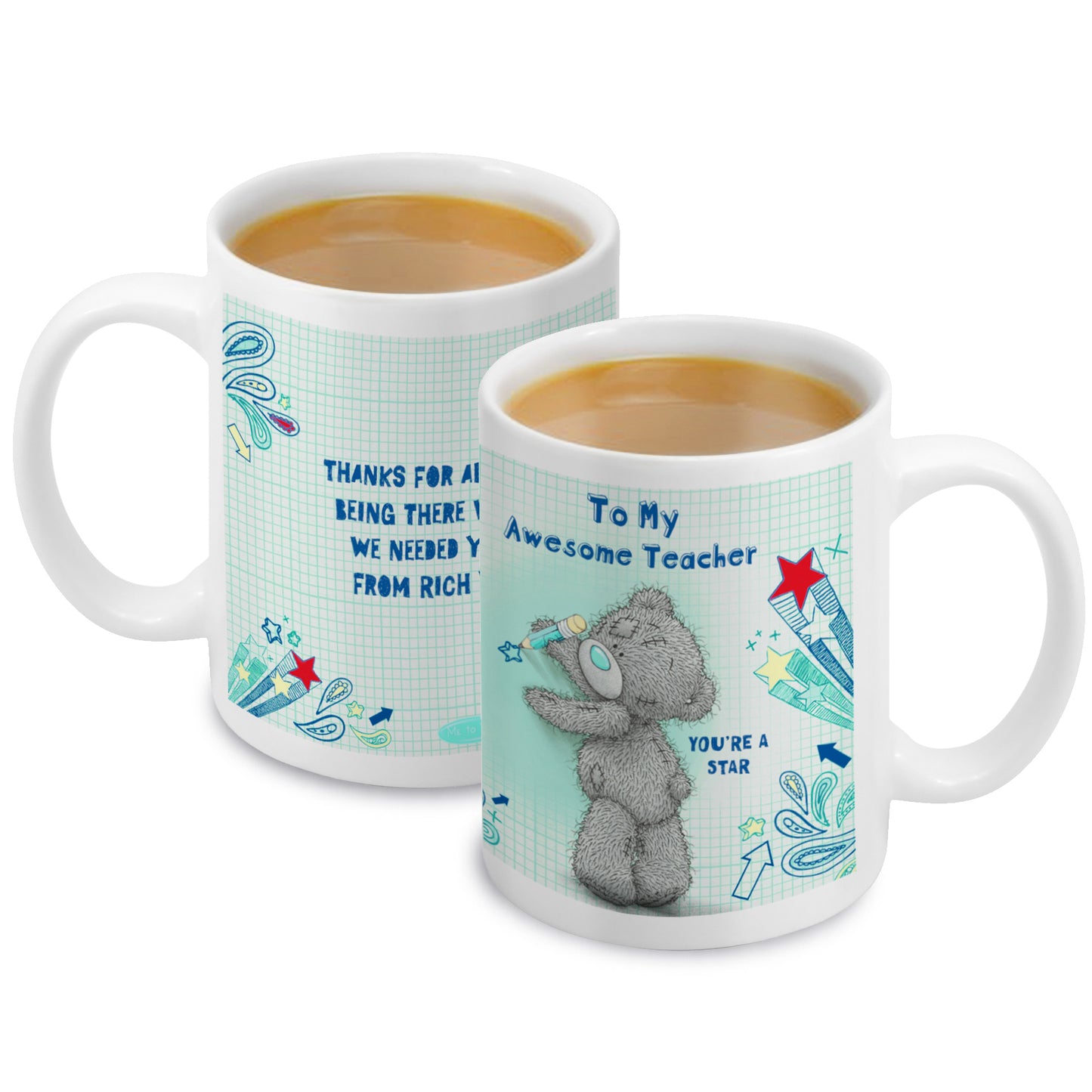 Two mugs with cartoon bear design and text on a white background