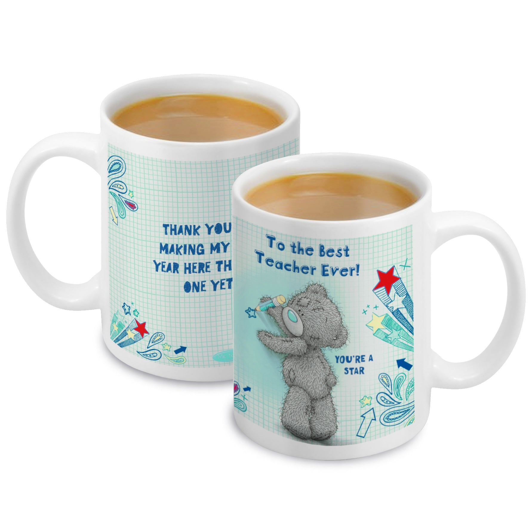 Two mugs with cartoon bear design and text on a white background