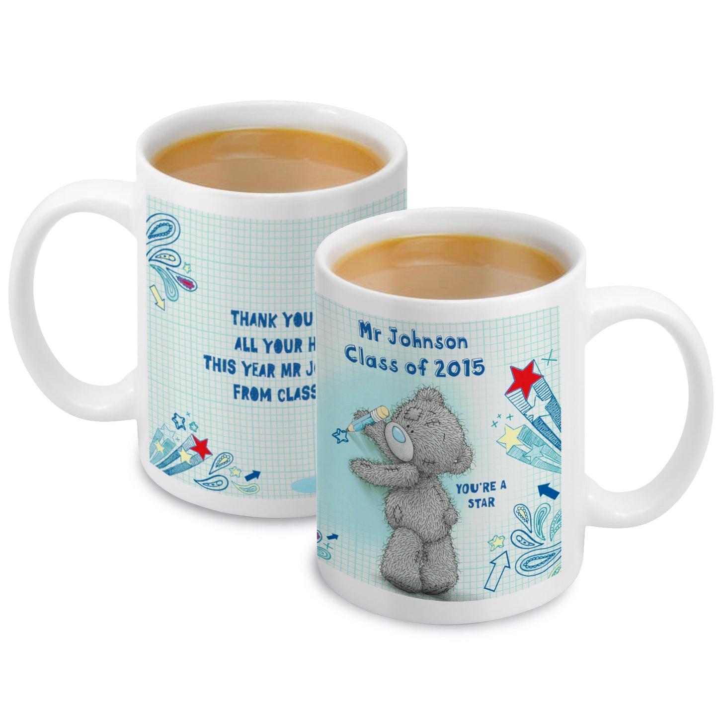 Two mugs with a teddy bear design and personalized text on a white background