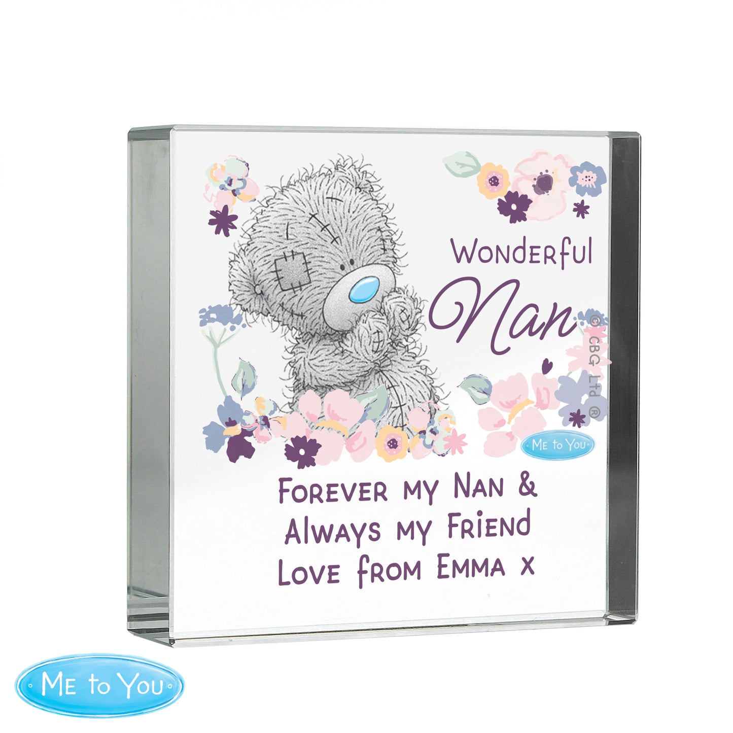 Crystal Token with a teddy bear illustration and floral design, featuring text 'Wonderful Nan, Forever my Nan & Always my Friend Love from Emma x'.
